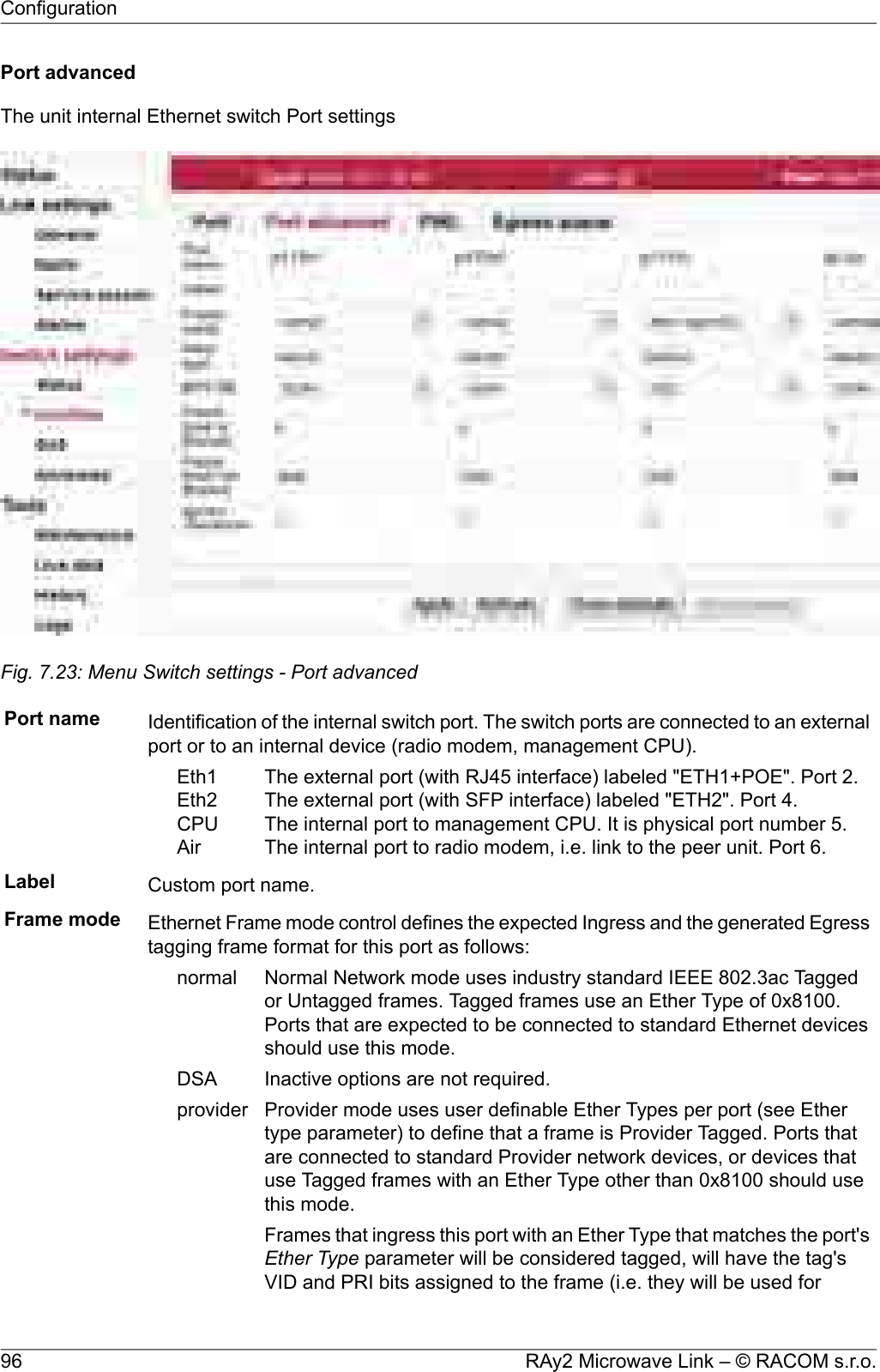 Port advancedThe unit internal Ethernet switch Port settingsFig. 7.23: Menu Switch settings - Port advancedPort name Identification of the internal switch port. The switch ports are connected to an externalport or to an internal device (radio modem, management CPU).The external port (with RJ45 interface) labeled &quot;ETH1+POE&quot;. Port 2.The external port (with SFP interface) labeled &quot;ETH2&quot;. Port 4.The internal port to management CPU. It is physical port number 5.The internal port to radio modem, i.e. link to the peer unit. Port 6.Eth1Eth2CPUAirLabel Custom port name.Frame mode Ethernet Frame mode control defines the expected Ingress and the generated Egresstagging frame format for this port as follows:Normal Network mode uses industry standard IEEE 802.3ac Taggedor Untagged frames. Tagged frames use an Ether Type of 0x8100.normalPorts that are expected to be connected to standard Ethernet devicesshould use this mode.Inactive options are not required.DSAProvider mode uses user definable Ether Types per port (see Ethertype parameter) to define that a frame is Provider Tagged. Ports thatproviderare connected to standard Provider network devices, or devices thatuse Tagged frames with an Ether Type other than 0x8100 should usethis mode.Frames that ingress this port with an Ether Type that matches the port&apos;sEther Type parameter will be considered tagged, will have the tag&apos;sVID and PRI bits assigned to the frame (i.e. they will be used forRAy2 Microwave Link – © RACOM s.r.o.96Configuration