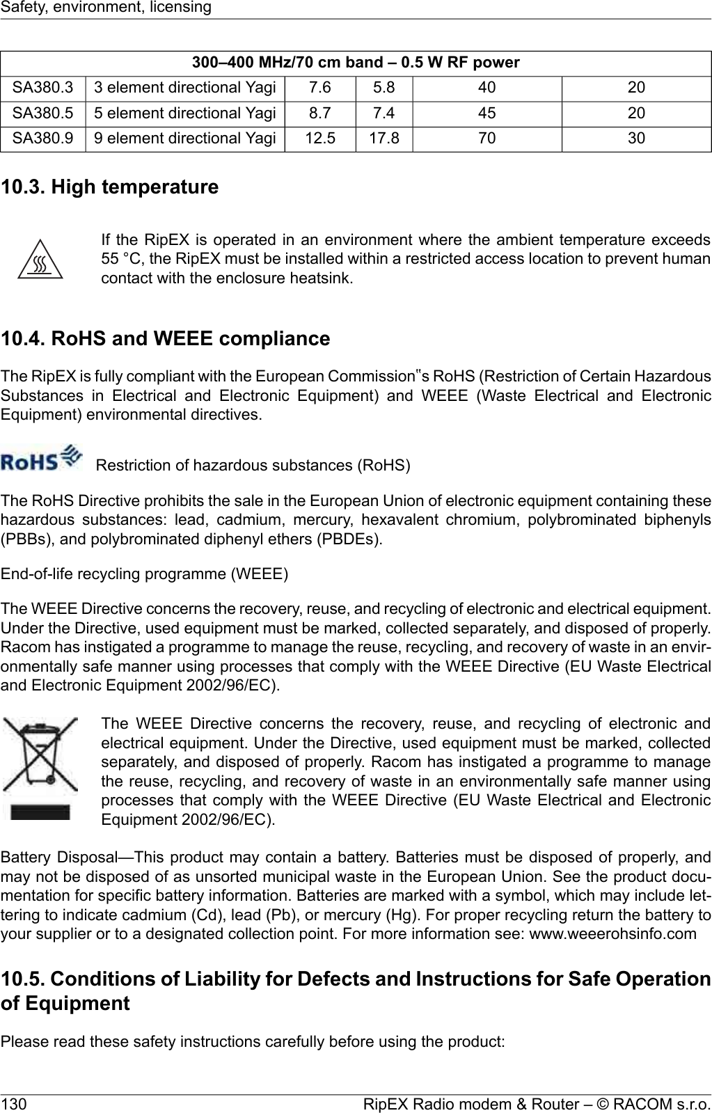 300–400 MHz/70 cm band – 0.5 W RF power20405.87.63 element directional YagiSA380.320457.48.75 element directional YagiSA380.5307017.812.59 element directional YagiSA380.910.3. High temperatureIf the RipEX is operated in an environment where the ambient temperature exceeds55 °C, the RipEX must be installed within a restricted access location to prevent humancontact with the enclosure heatsink.10.4. RoHS and WEEE complianceThe RipEX is fully compliant with the European Commission‟s RoHS (Restriction of Certain HazardousSubstances  in  Electrical  and  Electronic  Equipment)  and  WEEE  (Waste  Electrical  and  ElectronicEquipment) environmental directives.Restriction of hazardous substances (RoHS)The RoHS Directive prohibits the sale in the European Union of electronic equipment containing thesehazardous substances: lead, cadmium, mercury, hexavalent chromium, polybrominated biphenyls(PBBs), and polybrominated diphenyl ethers (PBDEs).End-of-life recycling programme (WEEE)The WEEE Directive concerns the recovery, reuse, and recycling of electronic and electrical equipment.Under the Directive, used equipment must be marked, collected separately, and disposed of properly.Racom has instigated a programme to manage the reuse, recycling, and recovery of waste in an envir-onmentally safe manner using processes that comply with the WEEE Directive (EU Waste Electricaland Electronic Equipment 2002/96/EC).The WEEE Directive concerns the recovery, reuse, and recycling of electronic andelectrical equipment. Under the Directive, used equipment must be marked, collectedseparately, and disposed of properly. Racom has instigated a programme to managethe reuse, recycling, and recovery of waste in an environmentally safe manner usingprocesses that comply with the WEEE Directive (EU Waste Electrical and ElectronicEquipment 2002/96/EC).Battery Disposal—This product may contain a battery. Batteries must be disposed of properly, andmay not be disposed of as unsorted municipal waste in the European Union. See the product docu-mentation for specific battery information. Batteries are marked with a symbol, which may include let-tering to indicate cadmium (Cd), lead (Pb), or mercury (Hg). For proper recycling return the battery toyour supplier or to a designated collection point. For more information see: www.weeerohsinfo.com10.5. Conditions of Liability for Defects and Instructions for Safe Operationof EquipmentPlease read these safety instructions carefully before using the product:RipEX Radio modem &amp; Router – © RACOM s.r.o.130Safety, environment, licensing