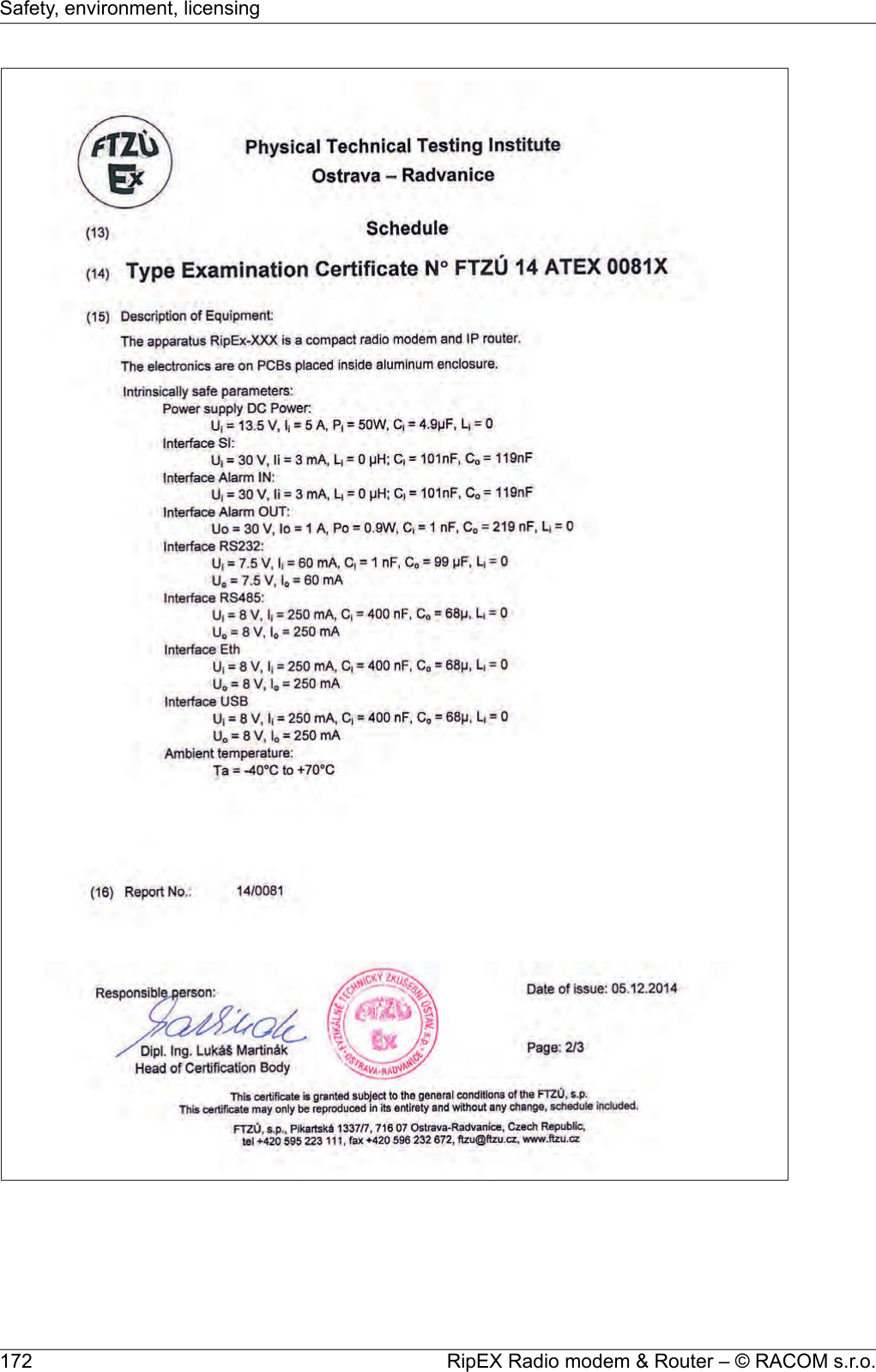 RipEX Radio modem &amp; Router – © RACOM s.r.o.172Safety, environment, licensing