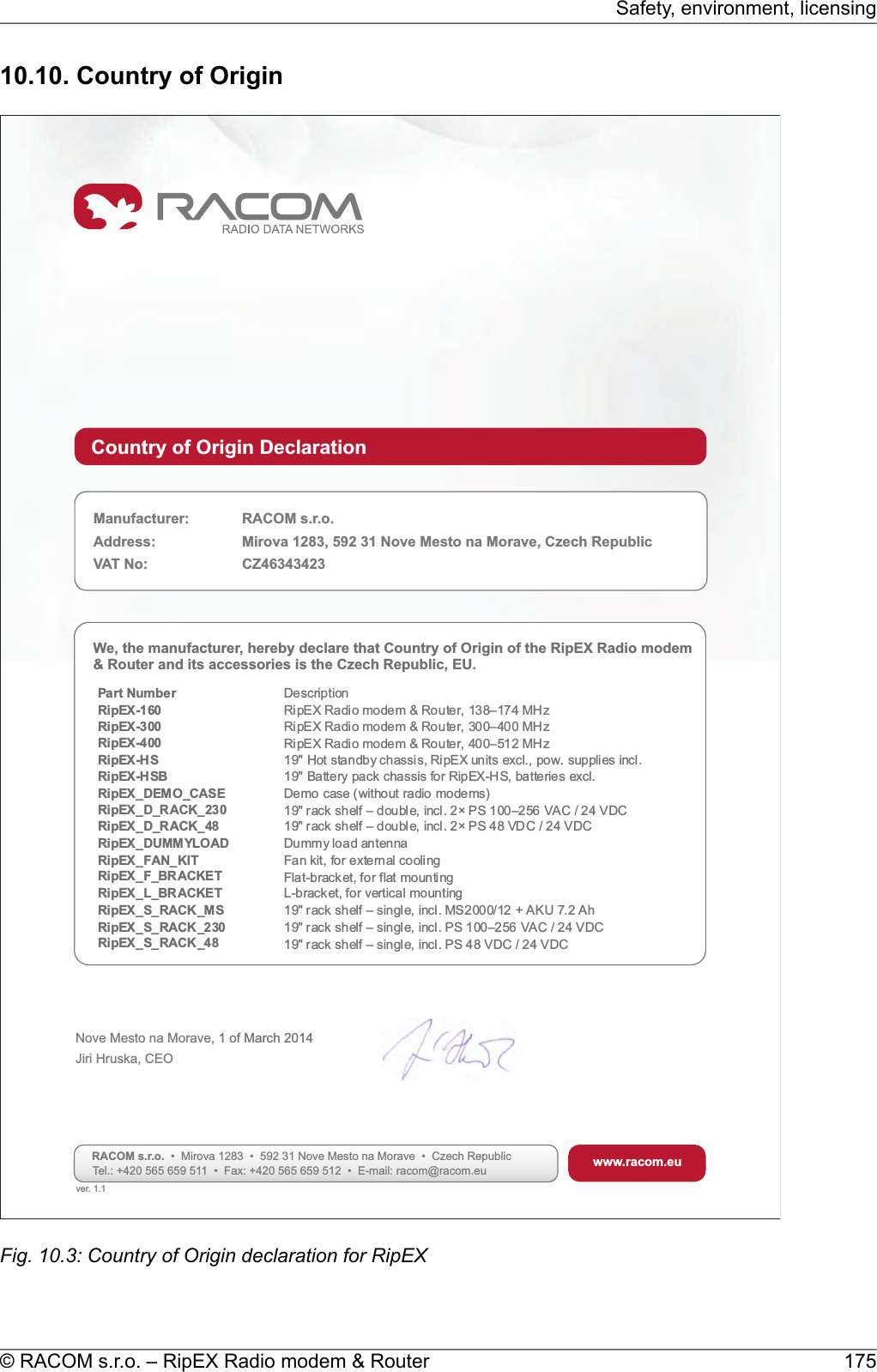 10.10. Country of OriginCountry of Origin DeclarationManufacturer: RACOM s.r.o.Address: Mirova 1283, 592 31 Nove Mesto na Morave, Czech RepublicVAT No: CZ46343423We, the manufacturer, hereby declare that Country of Origin of theand its accessories is the Czech Republic, EU.RipEX Radio modem&amp; RouterNove Mesto na Morave,Jiri Hruska, CEO1 of March 2014www.racom.euRACOM s.r.o. • Mirova 1283 • 592 31 Nove Mesto na Morave • Czech RepublicTel.: +420 565 659 511 • Fax: +420 565 659 512 • E-mail: racom@racom.euPart Number DescriptionRipEX-160 RipEX Radio modem &amp; Router, 138–174 MHzRipEX-300 RipEX Radio modem &amp; Router, 300–400 MHzRipEX-400 RipEX Radio modem &amp; Router, 400–512 MHzRipEX-HS 19&quot; Hot standby chassis, RipEX units excl., pow. supplies incl.RipEX-HSB 19&quot; Battery pack chassis for RipEX-HS, batteries excl.RipEX_DEMO_CASE Demo case (without radio modems)RipEX_D_RACK_230 19&quot; rack shelf –double, incl. 2× PS 100–256 VAC / 24 VDCRipEX_D_RACK_48 19&quot; rack shelf –double, incl. 2× PS 48 VDC / 24 VDCRipEX_DUMMYLOAD Dummy load antennaRipEX_FAN_KIT Fan kit, for external coolingRipEX_F_BRACKET Flat-bracket, for flat mountingRipEX_L_BRACKET L-bracket, for vertical mountingRipEX_S_RACK_MS 19&quot; rack shelf –single, incl. MS2000/12 + AKU 7.2 AhRipEX_S_RACK_230 19&quot; rack shelf –single, incl. PS 100–256 VAC / 24 VDCRipEX_S_RACK_48 19&quot; rack shelf –single, incl. PS 48 VDC / 24 VDCver. 1.1Fig. 10.3: Country of Origin declaration for RipEX175© RACOM s.r.o. – RipEX Radio modem &amp; RouterSafety, environment, licensing