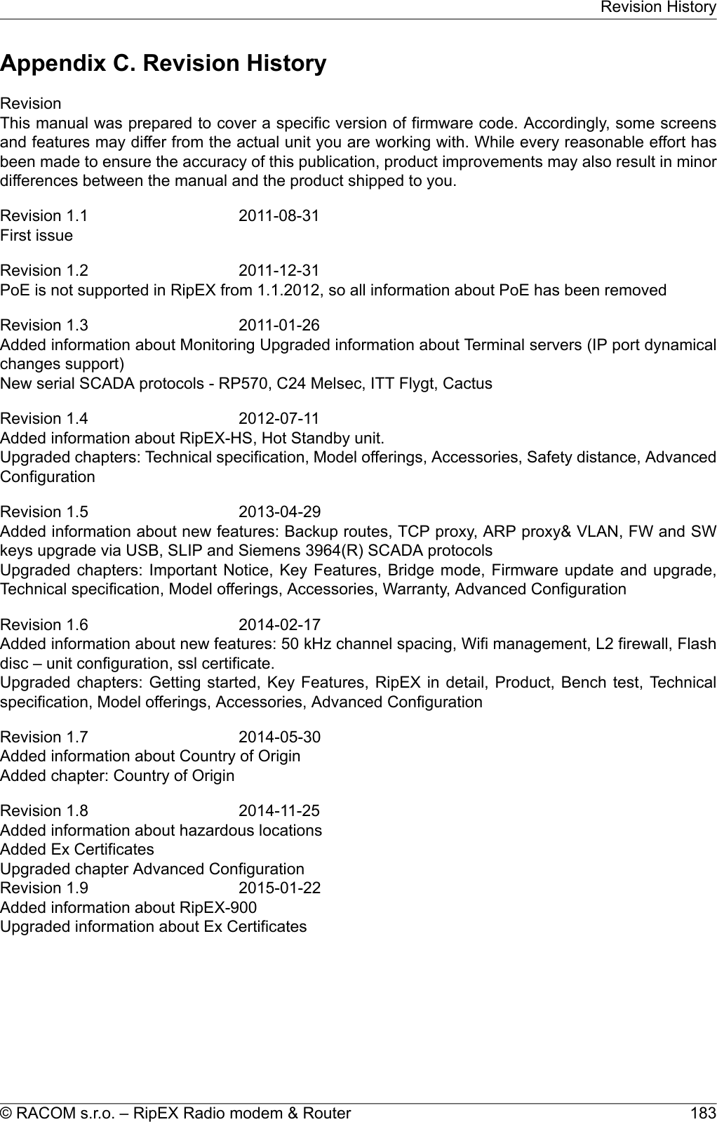 Appendix C. Revision HistoryRevisionThis manual was prepared to cover a specific version of firmware code. Accordingly, some screensand features may differ from the actual unit you are working with. While every reasonable effort hasbeen made to ensure the accuracy of this publication, product improvements may also result in minordifferences between the manual and the product shipped to you.2011-08-31Revision 1.1First issue2011-12-31Revision 1.2PoE is not supported in RipEX from 1.1.2012, so all information about PoE has been removed2011-01-26Revision 1.3Added information about Monitoring Upgraded information about Terminal servers (IP port dynamicalchanges support)New serial SCADA protocols - RP570, C24 Melsec, ITT Flygt, Cactus2012-07-11Revision 1.4Added information about RipEX-HS, Hot Standby unit.Upgraded chapters: Technical specification, Model offerings, Accessories, Safety distance, AdvancedConfiguration2013-04-29Revision 1.5Added information about new features: Backup routes, TCP proxy, ARP proxy&amp; VLAN, FW and SWkeys upgrade via USB, SLIP and Siemens 3964(R) SCADA protocolsUpgraded chapters: Important Notice, Key Features, Bridge mode, Firmware update and upgrade,Technical specification, Model offerings, Accessories, Warranty, Advanced Configuration2014-02-17Revision 1.6Added information about new features: 50 kHz channel spacing, Wifi management, L2 firewall, Flashdisc – unit configuration, ssl certificate.Upgraded chapters: Getting started, Key Features, RipEX in detail, Product, Bench test, Technicalspecification, Model offerings, Accessories, Advanced Configuration2014-05-30Revision 1.7Added information about Country of OriginAdded chapter: Country of Origin2014-11-25Revision 1.8Added information about hazardous locationsAdded Ex CertificatesUpgraded chapter Advanced Configuration2015-01-22Revision 1.9Added information about RipEX-900Upgraded information about Ex Certificates183© RACOM s.r.o. – RipEX Radio modem &amp; RouterRevision History