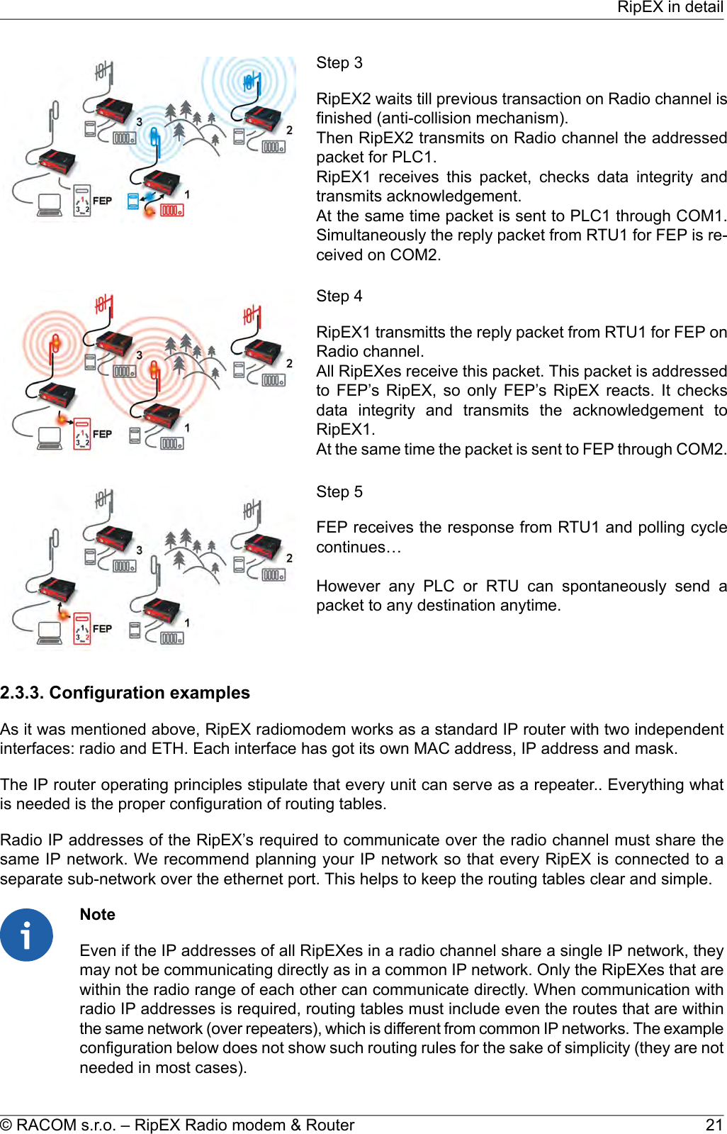 Step 3RipEX2 waits till previous transaction on Radio channel isfinished (anti-collision mechanism).Then RipEX2 transmits on Radio channel the addressedpacket for PLC1.RipEX1 receives this packet, checks data integrity andtransmits acknowledgement.At the same time packet is sent to PLC1 through COM1.Simultaneously the reply packet from RTU1 for FEP is re-ceived on COM2.Step 4RipEX1 transmitts the reply packet from RTU1 for FEP onRadio channel.All RipEXes receive this packet. This packet is addressedto FEP’s RipEX, so only FEP’s RipEX reacts. It checksdata integrity and transmits the acknowledgement toRipEX1.At the same time the packet is sent to FEP through COM2.Step 5FEP receives the response from RTU1 and polling cyclecontinues…However any PLC or RTU can spontaneously send apacket to any destination anytime.2.3.3. Configuration examplesAs it was mentioned above, RipEX radiomodem works as a standard IP router with two independentinterfaces: radio and ETH. Each interface has got its own MAC address, IP address and mask.The IP router operating principles stipulate that every unit can serve as a repeater.. Everything whatis needed is the proper configuration of routing tables.Radio IP addresses of the RipEX’s required to communicate over the radio channel must share thesame IP network. We recommend planning your IP network so that every RipEX is connected to aseparate sub-network over the ethernet port. This helps to keep the routing tables clear and simple.NoteEven if the IP addresses of all RipEXes in a radio channel share a single IP network, theymay not be communicating directly as in a common IP network. Only the RipEXes that arewithin the radio range of each other can communicate directly. When communication withradio IP addresses is required, routing tables must include even the routes that are withinthe same network (over repeaters), which is different from common IP networks. The exampleconfiguration below does not show such routing rules for the sake of simplicity (they are notneeded in most cases).21© RACOM s.r.o. – RipEX Radio modem &amp; RouterRipEX in detail