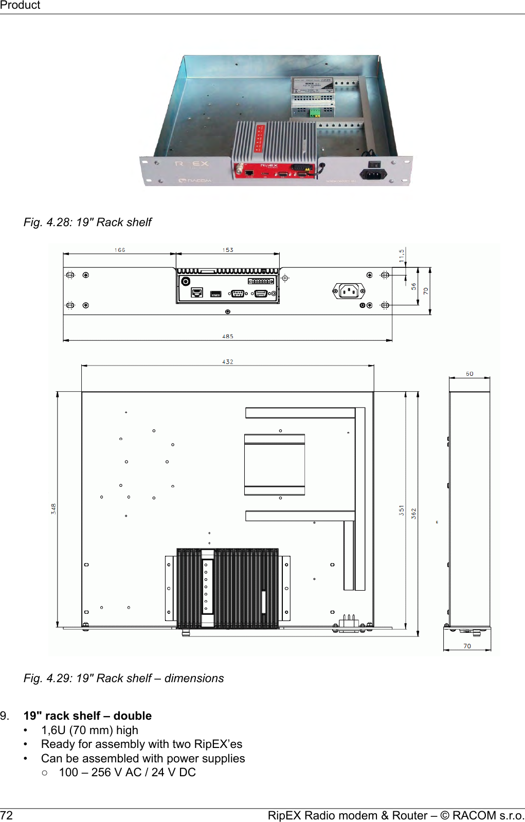 Fig. 4.28: 19&quot; Rack shelfFig. 4.29: 19&quot; Rack shelf – dimensions9. 19&quot; rack shelf – double• 1,6U (70 mm) high• Ready for assembly with two RipEX’es• Can be assembled with power supplies○ 100 – 256 V AC / 24 V DCRipEX Radio modem &amp; Router – © RACOM s.r.o.72Product