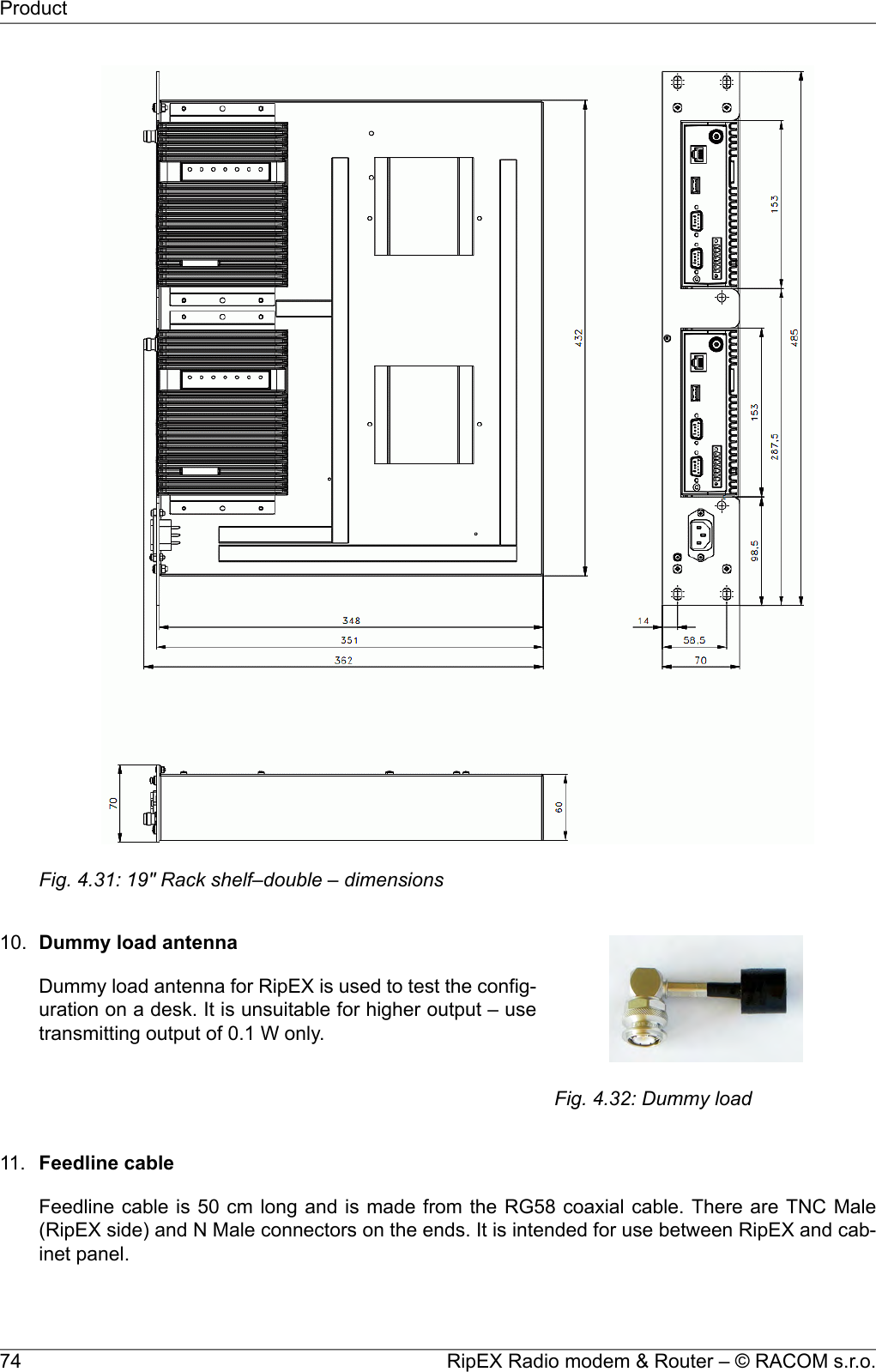 Fig. 4.31: 19&quot; Rack shelf–double – dimensions10.Fig. 4.32: Dummy loadDummy load antennaDummy load antenna for RipEX is used to test the config-uration on a desk. It is unsuitable for higher output – usetransmitting output of 0.1 W only.11. Feedline cableFeedline cable is 50 cm long and is made from the RG58 coaxial cable. There are TNC Male(RipEX side) and N Male connectors on the ends. It is intended for use between RipEX and cab-inet panel.RipEX Radio modem &amp; Router – © RACOM s.r.o.74Product