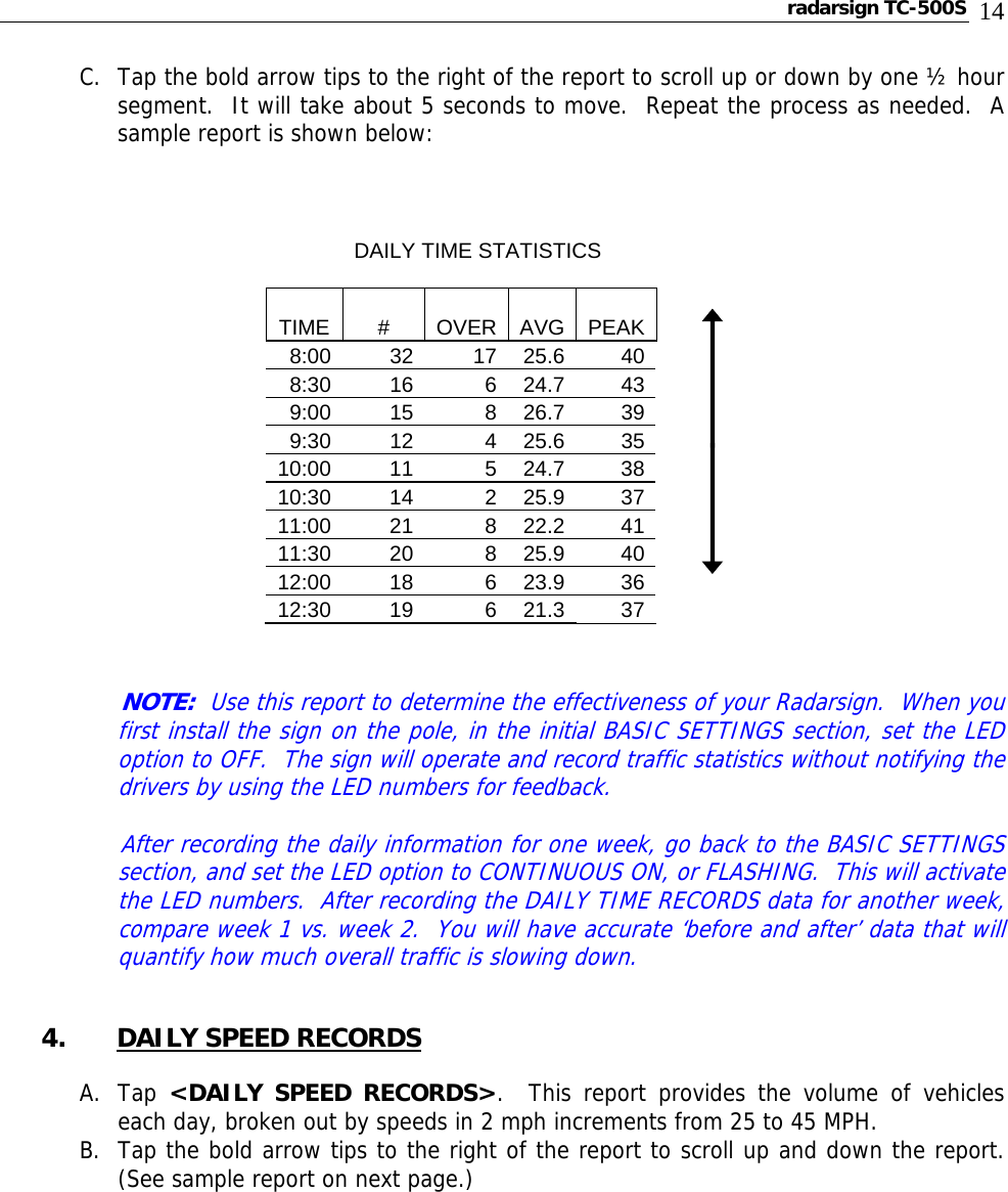 radarsign TC-500S  14 C. Tap the bold arrow tips to the right of the report to scroll up or down by one ½ hour segment.  It will take about 5 seconds to move.  Repeat the process as needed.  A sample report is shown below:                           NOTE:  Use this report to determine the effectiveness of your Radarsign.  When you first install the sign on the pole, in the initial BASIC SETTINGS section, set the LED option to OFF.  The sign will operate and record traffic statistics without notifying the drivers by using the LED numbers for feedback.       After recording the daily information for one week, go back to the BASIC SETTINGS section, and set the LED option to CONTINUOUS ON, or FLASHING.  This will activate the LED numbers.  After recording the DAILY TIME RECORDS data for another week, compare week 1 vs. week 2.  You will have accurate ‘before and after’ data that will quantify how much overall traffic is slowing down.     4. DAILY SPEED RECORDS  A. Tap  &lt;DAILY SPEED RECORDS&gt;.  This report provides the volume of vehicles each day, broken out by speeds in 2 mph increments from 25 to 45 MPH.  B. Tap the bold arrow tips to the right of the report to scroll up and down the report.  (See sample report on next page.)             DAILY TIME STATISTICS            TIME #  OVER AVG PEAK   8:00 32 17 25.6 40  8:30 16 6 24.7 43  9:00 15 8 26.7 39  9:30 12 4 25.6 35  10:00 11 5 24.7 38  10:30 14 2 25.9 37  11:00 21 8 22.2 41  11:30 20 8 25.9 40  12:00 18 6 23.9 36  12:30 19 6 21.3 37  