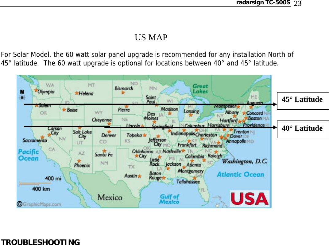 radarsign TC-500S  23   US MAP  For Solar Model, the 60 watt solar panel upgrade is recommended for any installation North of 45° latitude.  The 60 watt upgrade is optional for locations between 40° and 45° latitude.                  TROUBLESHOOTING   40° Latitude 45° Latitude 