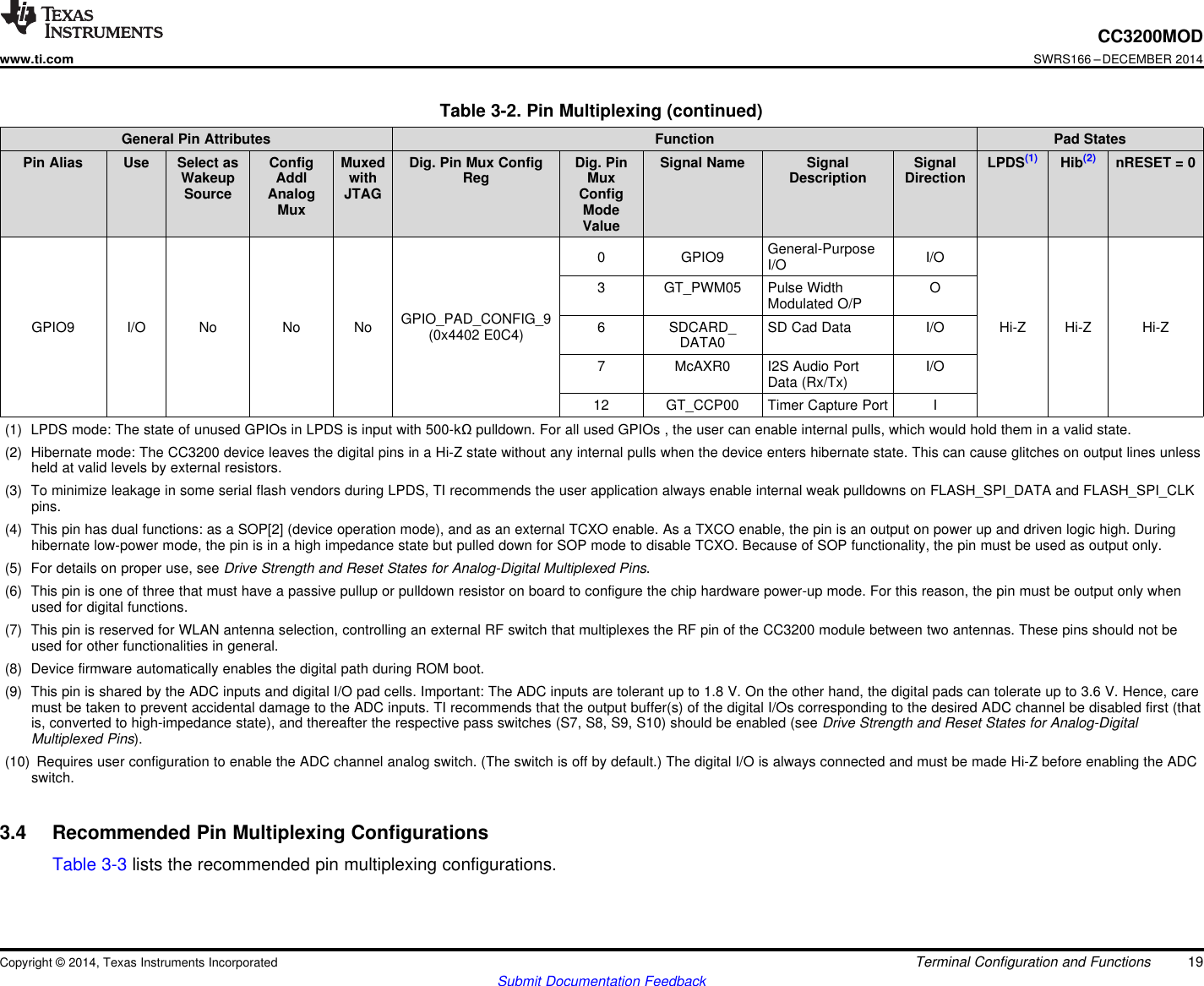 CC3200MODwww.ti.comSWRS166 –DECEMBER 2014Table 3-2. Pin Multiplexing (continued)General Pin Attributes Function Pad StatesPin Alias Use Select as Config Muxed Dig. Pin Mux Config Dig. Pin Signal Name Signal Signal LPDS(1) Hib(2) nRESET = 0Wakeup Addl with Reg Mux Description DirectionSource Analog JTAG ConfigMux ModeValueGeneral-Purpose0 GPIO9 I/OI/O3 GT_PWM05 Pulse Width OModulated O/PGPIO_PAD_CONFIG_9GPIO9 I/O No No No 6 SDCARD_ SD Cad Data I/O Hi-Z Hi-Z Hi-Z(0x4402 E0C4) DATA07 McAXR0 I2S Audio Port I/OData (Rx/Tx)12 GT_CCP00 Timer Capture Port I(1) LPDS mode: The state of unused GPIOs in LPDS is input with 500-kΩpulldown. For all used GPIOs , the user can enable internal pulls, which would hold them in a valid state.(2) Hibernate mode: The CC3200 device leaves the digital pins in a Hi-Z state without any internal pulls when the device enters hibernate state. This can cause glitches on output lines unlessheld at valid levels by external resistors.(3) To minimize leakage in some serial flash vendors during LPDS, TI recommends the user application always enable internal weak pulldowns on FLASH_SPI_DATA and FLASH_SPI_CLKpins.(4) This pin has dual functions: as a SOP[2] (device operation mode), and as an external TCXO enable. As a TXCO enable, the pin is an output on power up and driven logic high. Duringhibernate low-power mode, the pin is in a high impedance state but pulled down for SOP mode to disable TCXO. Because of SOP functionality, the pin must be used as output only.(5) For details on proper use, see Drive Strength and Reset States for Analog-Digital Multiplexed Pins.(6) This pin is one of three that must have a passive pullup or pulldown resistor on board to configure the chip hardware power-up mode. For this reason, the pin must be output only whenused for digital functions.(7) This pin is reserved for WLAN antenna selection, controlling an external RF switch that multiplexes the RF pin of the CC3200 module between two antennas. These pins should not beused for other functionalities in general.(8) Device firmware automatically enables the digital path during ROM boot.(9) This pin is shared by the ADC inputs and digital I/O pad cells. Important: The ADC inputs are tolerant up to 1.8 V. On the other hand, the digital pads can tolerate up to 3.6 V. Hence, caremust be taken to prevent accidental damage to the ADC inputs. TI recommends that the output buffer(s) of the digital I/Os corresponding to the desired ADC channel be disabled first (thatis, converted to high-impedance state), and thereafter the respective pass switches (S7, S8, S9, S10) should be enabled (see Drive Strength and Reset States for Analog-DigitalMultiplexed Pins).(10) Requires user configuration to enable the ADC channel analog switch. (The switch is off by default.) The digital I/O is always connected and must be made Hi-Z before enabling the ADCswitch.3.4 Recommended Pin Multiplexing ConfigurationsTable 3-3 lists the recommended pin multiplexing configurations.Copyright © 2014, Texas Instruments Incorporated Terminal Configuration and Functions 19Submit Documentation Feedback