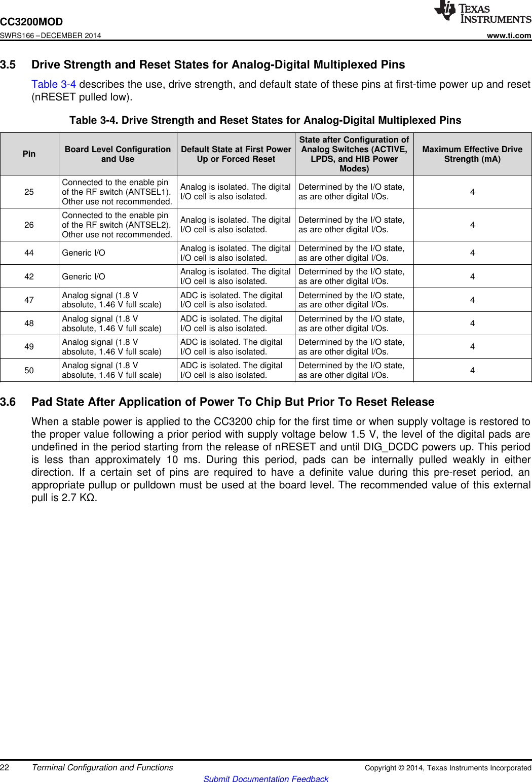 CC3200MODSWRS166 –DECEMBER 2014www.ti.com3.5 Drive Strength and Reset States for Analog-Digital Multiplexed PinsTable 3-4 describes the use, drive strength, and default state of these pins at first-time power up and reset(nRESET pulled low).Table 3-4. Drive Strength and Reset States for Analog-Digital Multiplexed PinsState after Configuration ofBoard Level Configuration Default State at First Power Analog Switches (ACTIVE, Maximum Effective DrivePin and Use Up or Forced Reset LPDS, and HIB Power Strength (mA)Modes)Connected to the enable pin Analog is isolated. The digital Determined by the I/O state,25 of the RF switch (ANTSEL1). 4I/O cell is also isolated. as are other digital I/Os.Other use not recommended.Connected to the enable pin Analog is isolated. The digital Determined by the I/O state,26 of the RF switch (ANTSEL2). 4I/O cell is also isolated. as are other digital I/Os.Other use not recommended.Analog is isolated. The digital Determined by the I/O state,44 Generic I/O 4I/O cell is also isolated. as are other digital I/Os.Analog is isolated. The digital Determined by the I/O state,42 Generic I/O 4I/O cell is also isolated. as are other digital I/Os.Analog signal (1.8 V ADC is isolated. The digital Determined by the I/O state,47 4absolute, 1.46 V full scale) I/O cell is also isolated. as are other digital I/Os.Analog signal (1.8 V ADC is isolated. The digital Determined by the I/O state,48 4absolute, 1.46 V full scale) I/O cell is also isolated. as are other digital I/Os.Analog signal (1.8 V ADC is isolated. The digital Determined by the I/O state,49 4absolute, 1.46 V full scale) I/O cell is also isolated. as are other digital I/Os.Analog signal (1.8 V ADC is isolated. The digital Determined by the I/O state,50 4absolute, 1.46 V full scale) I/O cell is also isolated. as are other digital I/Os.3.6 Pad State After Application of Power To Chip But Prior To Reset ReleaseWhen a stable power is applied to the CC3200 chip for the first time or when supply voltage is restored tothe proper value following a prior period with supply voltage below 1.5 V, the level of the digital pads areundefined in the period starting from the release of nRESET and until DIG_DCDC powers up. This periodis less than approximately 10 ms. During this period, pads can be internally pulled weakly in eitherdirection. If a certain set of pins are required to have a definite value during this pre-reset period, anappropriate pullup or pulldown must be used at the board level. The recommended value of this externalpull is 2.7 KΩ.22 Terminal Configuration and Functions Copyright © 2014, Texas Instruments IncorporatedSubmit Documentation Feedback