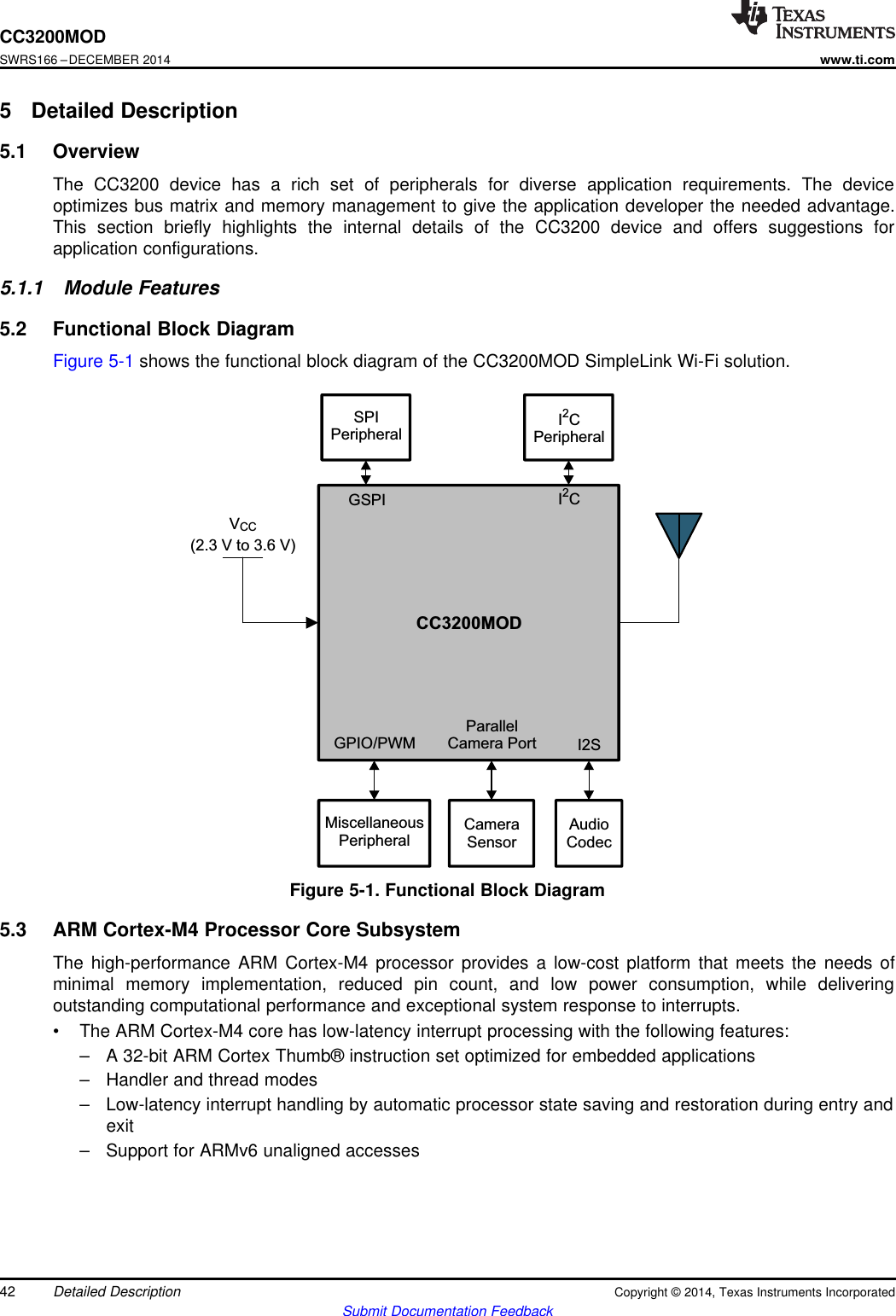 CC3200MODSPIPeripheralI CPeripheral2V(2.3 V to 3.6 V)CCMiscellaneousPeripheralCameraSensorGSPI I C2AudioCodecGPIO/PWMParallelCamera Port I2SCC3200MODSWRS166 –DECEMBER 2014www.ti.com5 Detailed Description5.1 OverviewThe CC3200 device has a rich set of peripherals for diverse application requirements. The deviceoptimizes bus matrix and memory management to give the application developer the needed advantage.This section briefly highlights the internal details of the CC3200 device and offers suggestions forapplication configurations.5.1.1 Module Features5.2 Functional Block DiagramFigure 5-1 shows the functional block diagram of the CC3200MOD SimpleLink Wi-Fi solution.Figure 5-1. Functional Block Diagram5.3 ARM Cortex-M4 Processor Core SubsystemThe high-performance ARM Cortex-M4 processor provides a low-cost platform that meets the needs ofminimal memory implementation, reduced pin count, and low power consumption, while deliveringoutstanding computational performance and exceptional system response to interrupts.• The ARM Cortex-M4 core has low-latency interrupt processing with the following features:– A 32-bit ARM Cortex Thumb® instruction set optimized for embedded applications– Handler and thread modes– Low-latency interrupt handling by automatic processor state saving and restoration during entry andexit– Support for ARMv6 unaligned accesses42 Detailed Description Copyright © 2014, Texas Instruments IncorporatedSubmit Documentation Feedback