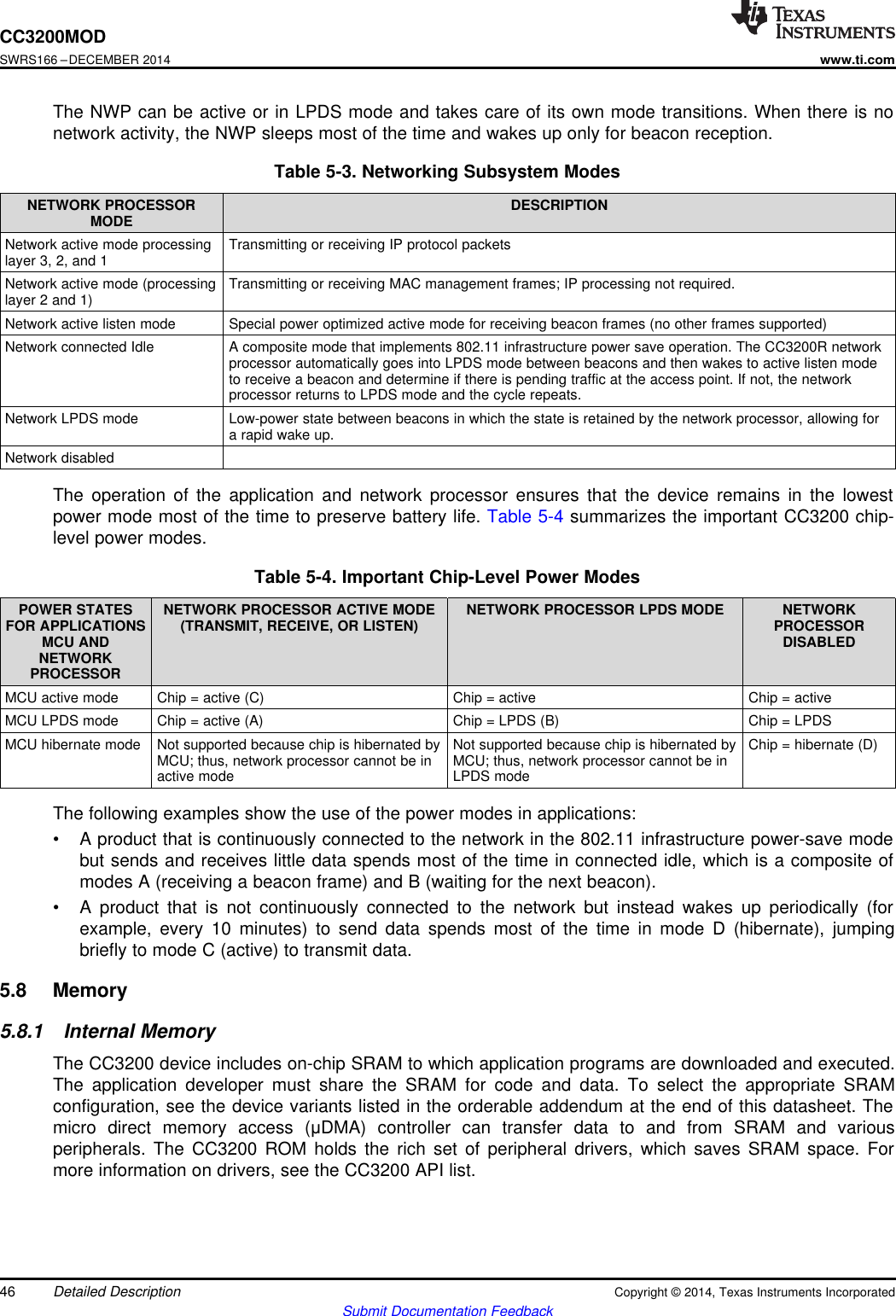 CC3200MODSWRS166 –DECEMBER 2014www.ti.comThe NWP can be active or in LPDS mode and takes care of its own mode transitions. When there is nonetwork activity, the NWP sleeps most of the time and wakes up only for beacon reception.Table 5-3. Networking Subsystem ModesNETWORK PROCESSOR DESCRIPTIONMODENetwork active mode processing Transmitting or receiving IP protocol packetslayer 3, 2, and 1Network active mode (processing Transmitting or receiving MAC management frames; IP processing not required.layer 2 and 1)Network active listen mode Special power optimized active mode for receiving beacon frames (no other frames supported)Network connected Idle A composite mode that implements 802.11 infrastructure power save operation. The CC3200R networkprocessor automatically goes into LPDS mode between beacons and then wakes to active listen modeto receive a beacon and determine if there is pending traffic at the access point. If not, the networkprocessor returns to LPDS mode and the cycle repeats.Network LPDS mode Low-power state between beacons in which the state is retained by the network processor, allowing fora rapid wake up.Network disabledThe operation of the application and network processor ensures that the device remains in the lowestpower mode most of the time to preserve battery life. Table 5-4 summarizes the important CC3200 chip-level power modes.Table 5-4. Important Chip-Level Power ModesPOWER STATES NETWORK PROCESSOR ACTIVE MODE NETWORK PROCESSOR LPDS MODE NETWORKFOR APPLICATIONS (TRANSMIT, RECEIVE, OR LISTEN) PROCESSORMCU AND DISABLEDNETWORKPROCESSORMCU active mode Chip = active (C) Chip = active Chip = activeMCU LPDS mode Chip = active (A) Chip = LPDS (B) Chip = LPDSMCU hibernate mode Not supported because chip is hibernated by Not supported because chip is hibernated by Chip = hibernate (D)MCU; thus, network processor cannot be in MCU; thus, network processor cannot be inactive mode LPDS modeThe following examples show the use of the power modes in applications:• A product that is continuously connected to the network in the 802.11 infrastructure power-save modebut sends and receives little data spends most of the time in connected idle, which is a composite ofmodes A (receiving a beacon frame) and B (waiting for the next beacon).• A product that is not continuously connected to the network but instead wakes up periodically (forexample, every 10 minutes) to send data spends most of the time in mode D (hibernate), jumpingbriefly to mode C (active) to transmit data.5.8 Memory5.8.1 Internal MemoryThe CC3200 device includes on-chip SRAM to which application programs are downloaded and executed.The application developer must share the SRAM for code and data. To select the appropriate SRAMconfiguration, see the device variants listed in the orderable addendum at the end of this datasheet. Themicro direct memory access (μDMA) controller can transfer data to and from SRAM and variousperipherals. The CC3200 ROM holds the rich set of peripheral drivers, which saves SRAM space. Formore information on drivers, see the CC3200 API list.46 Detailed Description Copyright © 2014, Texas Instruments IncorporatedSubmit Documentation Feedback
