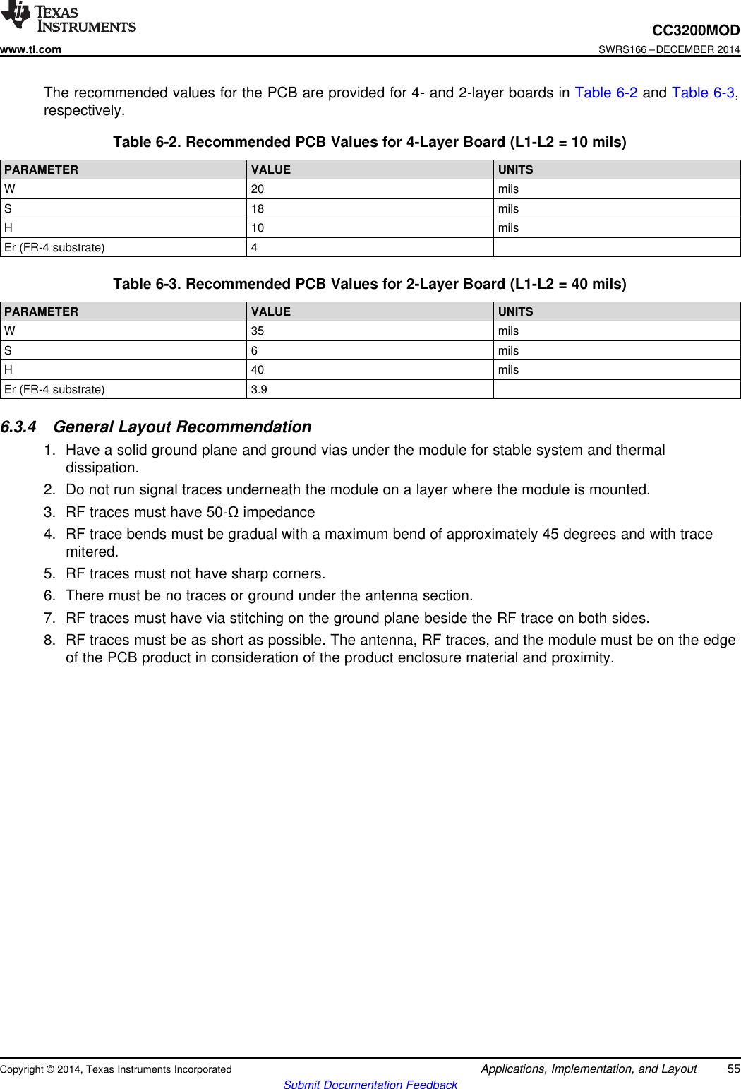 CC3200MODwww.ti.comSWRS166 –DECEMBER 2014The recommended values for the PCB are provided for 4- and 2-layer boards in Table 6-2 and Table 6-3,respectively.Table 6-2. Recommended PCB Values for 4-Layer Board (L1-L2 = 10 mils)PARAMETER VALUE UNITSW 20 milsS 18 milsH 10 milsEr (FR-4 substrate) 4Table 6-3. Recommended PCB Values for 2-Layer Board (L1-L2 = 40 mils)PARAMETER VALUE UNITSW 35 milsS 6 milsH 40 milsEr (FR-4 substrate) 3.96.3.4 General Layout Recommendation1. Have a solid ground plane and ground vias under the module for stable system and thermaldissipation.2. Do not run signal traces underneath the module on a layer where the module is mounted.3. RF traces must have 50-Ωimpedance4. RF trace bends must be gradual with a maximum bend of approximately 45 degrees and with tracemitered.5. RF traces must not have sharp corners.6. There must be no traces or ground under the antenna section.7. RF traces must have via stitching on the ground plane beside the RF trace on both sides.8. RF traces must be as short as possible. The antenna, RF traces, and the module must be on the edgeof the PCB product in consideration of the product enclosure material and proximity.Copyright © 2014, Texas Instruments Incorporated Applications, Implementation, and Layout 55Submit Documentation Feedback