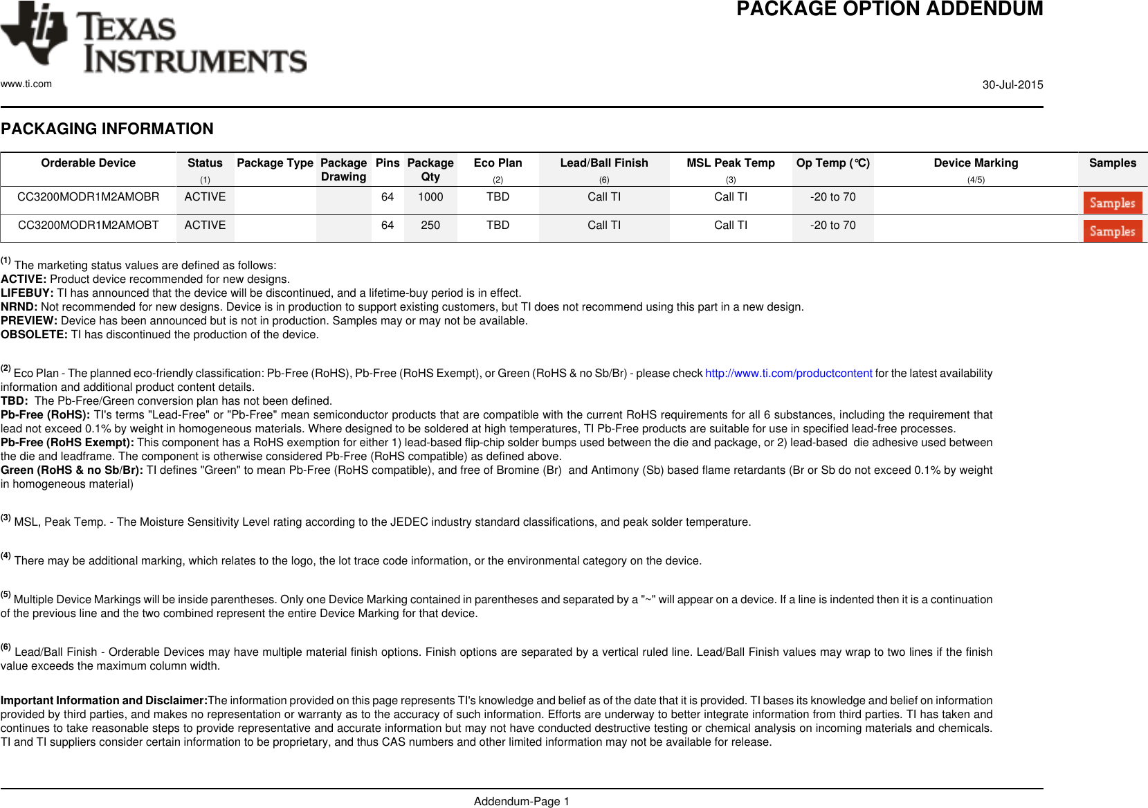 PACKAGE OPTION ADDENDUMwww.ti.com 30-Jul-2015Addendum-Page 1PACKAGING INFORMATIONOrderable Device Status(1)Package Type PackageDrawing Pins PackageQty Eco Plan(2)Lead/Ball Finish(6)MSL Peak Temp(3)Op Temp (°C) Device Marking(4/5)SamplesCC3200MODR1M2AMOBR ACTIVE 64 1000 TBD Call TI Call TI -20 to 70CC3200MODR1M2AMOBT ACTIVE 64 250 TBD Call TI Call TI -20 to 70 (1) The marketing status values are defined as follows:ACTIVE: Product device recommended for new designs.LIFEBUY: TI has announced that the device will be discontinued, and a lifetime-buy period is in effect.NRND: Not recommended for new designs. Device is in production to support existing customers, but TI does not recommend using this part in a new design.PREVIEW: Device has been announced but is not in production. Samples may or may not be available.OBSOLETE: TI has discontinued the production of the device. (2) Eco Plan - The planned eco-friendly classification: Pb-Free (RoHS), Pb-Free (RoHS Exempt), or Green (RoHS &amp; no Sb/Br) - please check http://www.ti.com/productcontent for the latest availabilityinformation and additional product content details.TBD:  The Pb-Free/Green conversion plan has not been defined.Pb-Free (RoHS): TI&apos;s terms &quot;Lead-Free&quot; or &quot;Pb-Free&quot; mean semiconductor products that are compatible with the current RoHS requirements for all 6 substances, including the requirement thatlead not exceed 0.1% by weight in homogeneous materials. Where designed to be soldered at high temperatures, TI Pb-Free products are suitable for use in specified lead-free processes.Pb-Free (RoHS Exempt): This component has a RoHS exemption for either 1) lead-based flip-chip solder bumps used between the die and package, or 2) lead-based  die adhesive used betweenthe die and leadframe. The component is otherwise considered Pb-Free (RoHS compatible) as defined above.Green (RoHS &amp; no Sb/Br): TI defines &quot;Green&quot; to mean Pb-Free (RoHS compatible), and free of Bromine (Br)  and Antimony (Sb) based flame retardants (Br or Sb do not exceed 0.1% by weightin homogeneous material) (3) MSL, Peak Temp. - The Moisture Sensitivity Level rating according to the JEDEC industry standard classifications, and peak solder temperature. (4) There may be additional marking, which relates to the logo, the lot trace code information, or the environmental category on the device. (5) Multiple Device Markings will be inside parentheses. Only one Device Marking contained in parentheses and separated by a &quot;~&quot; will appear on a device. If a line is indented then it is a continuationof the previous line and the two combined represent the entire Device Marking for that device. (6) Lead/Ball Finish - Orderable Devices may have multiple material finish options. Finish options are separated by a vertical ruled line. Lead/Ball Finish values may wrap to two lines if the finishvalue exceeds the maximum column width. Important Information and Disclaimer:The information provided on this page represents TI&apos;s knowledge and belief as of the date that it is provided. TI bases its knowledge and belief on informationprovided by third parties, and makes no representation or warranty as to the accuracy of such information. Efforts are underway to better integrate information from third parties. TI has taken andcontinues to take reasonable steps to provide representative and accurate information but may not have conducted destructive testing or chemical analysis on incoming materials and chemicals.TI and TI suppliers consider certain information to be proprietary, and thus CAS numbers and other limited information may not be available for release. 