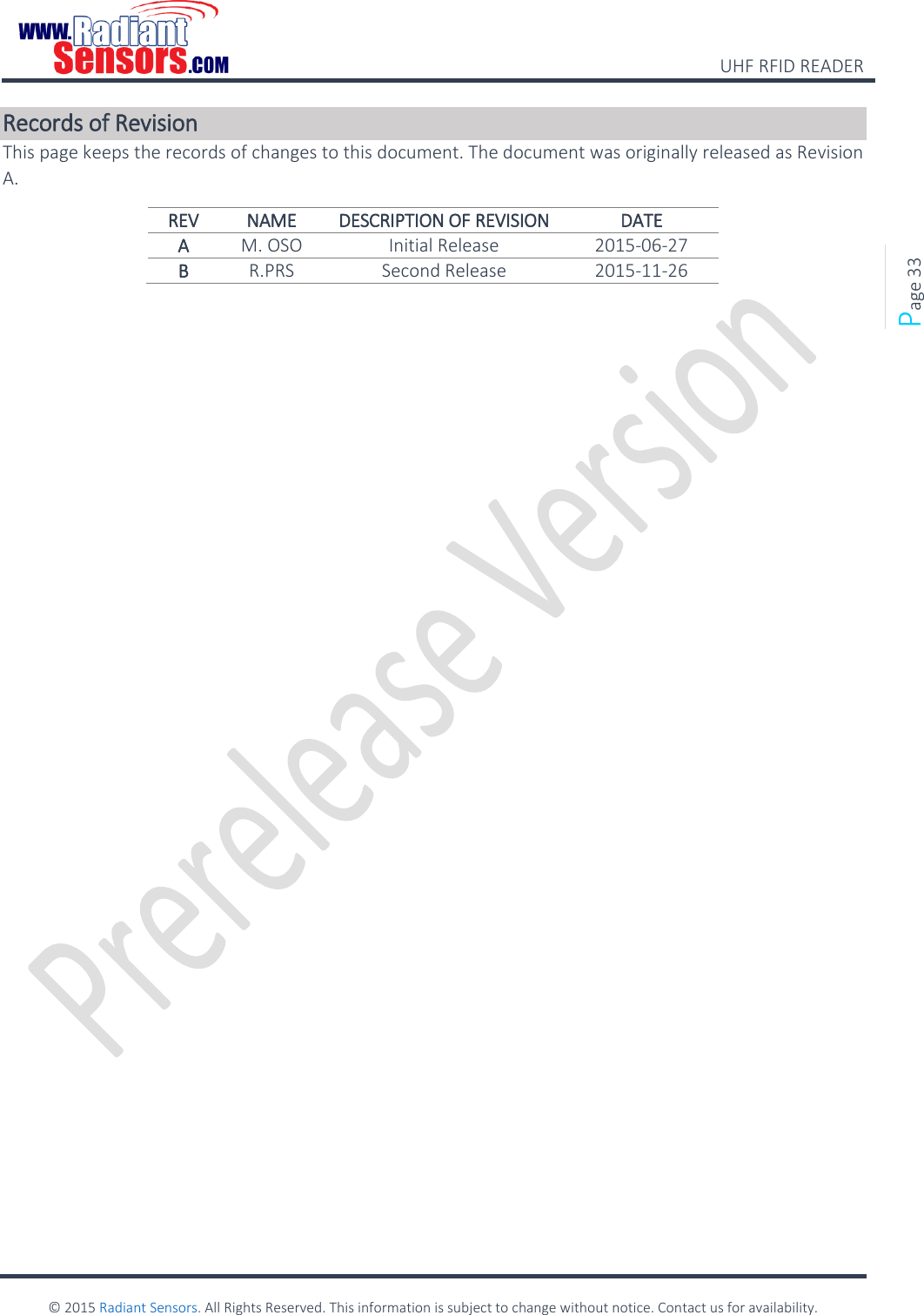    UHF RFID READER    © 2015 Radiant Sensors. All Rights Reserved. This information is subject to change without notice. Contact us for availability.   Page 33 Records of Revision This page keeps the records of changes to this document. The document was originally released as Revision A. REV NAME DESCRIPTION OF REVISION DATE A M. OSO Initial Release 2015-06-27 B R.PRS Second Release 2015-11-26     