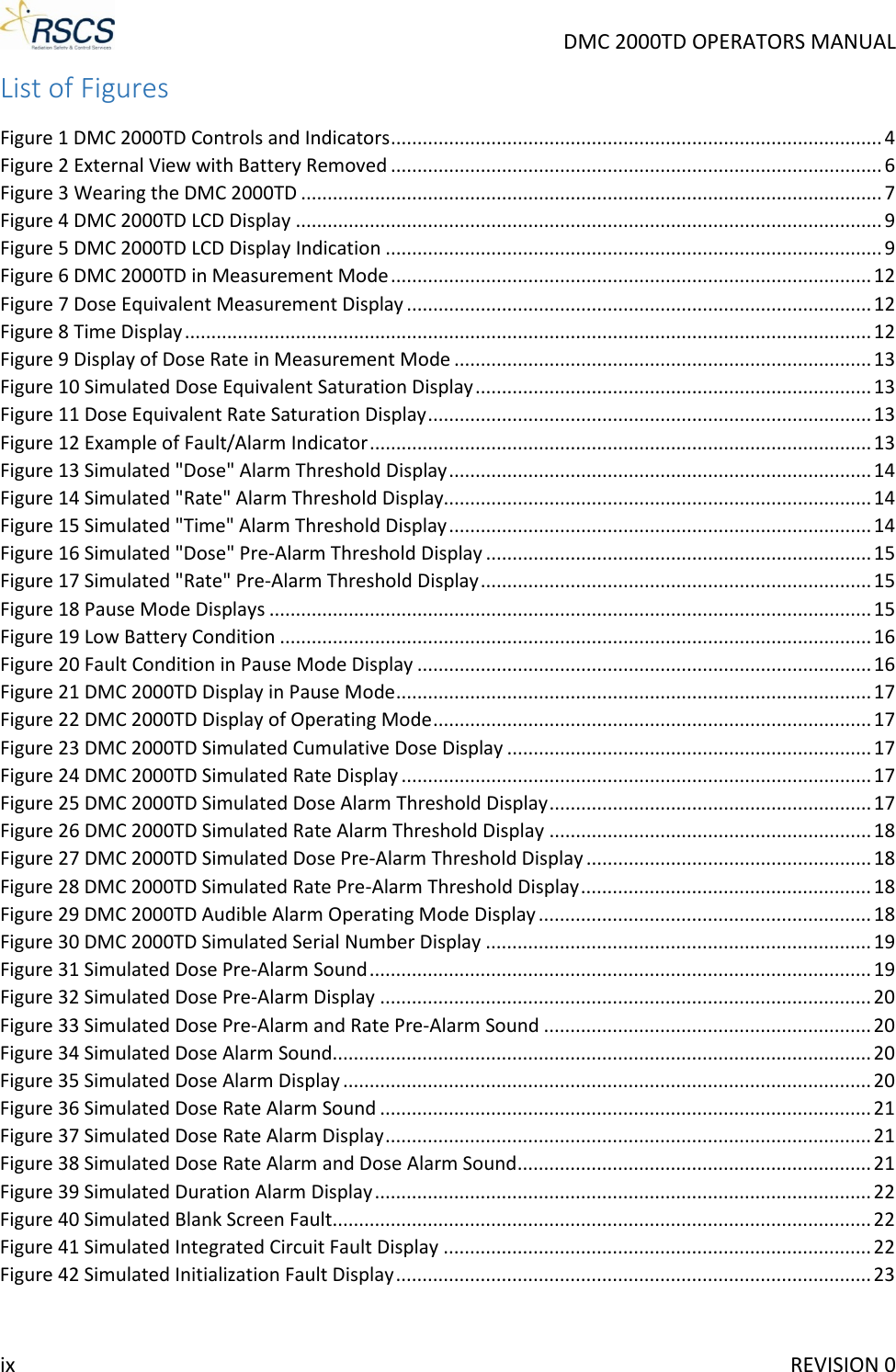     DMC 2000TD OPERATORS MANUAL List of Figures Figure 1 DMC 2000TD Controls and Indicators ............................................................................................. 4 Figure 2 External View with Battery Removed ............................................................................................. 6 Figure 3 Wearing the DMC 2000TD .............................................................................................................. 7 Figure 4 DMC 2000TD LCD Display ............................................................................................................... 9 Figure 5 DMC 2000TD LCD Display Indication .............................................................................................. 9 Figure 6 DMC 2000TD in Measurement Mode ........................................................................................... 12 Figure 7 Dose Equivalent Measurement Display ........................................................................................ 12 Figure 8 Time Display .................................................................................................................................. 12 Figure 9 Display of Dose Rate in Measurement Mode ............................................................................... 13 Figure 10 Simulated Dose Equivalent Saturation Display ........................................................................... 13 Figure 11 Dose Equivalent Rate Saturation Display .................................................................................... 13 Figure 12 Example of Fault/Alarm Indicator ............................................................................................... 13 Figure 13 Simulated &quot;Dose&quot; Alarm Threshold Display ................................................................................ 14 Figure 14 Simulated &quot;Rate&quot; Alarm Threshold Display................................................................................. 14 Figure 15 Simulated &quot;Time&quot; Alarm Threshold Display ................................................................................ 14 Figure 16 Simulated &quot;Dose&quot; Pre-Alarm Threshold Display ......................................................................... 15 Figure 17 Simulated &quot;Rate&quot; Pre-Alarm Threshold Display .......................................................................... 15 Figure 18 Pause Mode Displays .................................................................................................................. 15 Figure 19 Low Battery Condition ................................................................................................................ 16 Figure 20 Fault Condition in Pause Mode Display ...................................................................................... 16 Figure 21 DMC 2000TD Display in Pause Mode .......................................................................................... 17 Figure 22 DMC 2000TD Display of Operating Mode ................................................................................... 17 Figure 23 DMC 2000TD Simulated Cumulative Dose Display ..................................................................... 17 Figure 24 DMC 2000TD Simulated Rate Display ......................................................................................... 17 Figure 25 DMC 2000TD Simulated Dose Alarm Threshold Display ............................................................. 17 Figure 26 DMC 2000TD Simulated Rate Alarm Threshold Display ............................................................. 18 Figure 27 DMC 2000TD Simulated Dose Pre-Alarm Threshold Display ...................................................... 18 Figure 28 DMC 2000TD Simulated Rate Pre-Alarm Threshold Display ....................................................... 18 Figure 29 DMC 2000TD Audible Alarm Operating Mode Display ............................................................... 18 Figure 30 DMC 2000TD Simulated Serial Number Display ......................................................................... 19 Figure 31 Simulated Dose Pre-Alarm Sound ............................................................................................... 19 Figure 32 Simulated Dose Pre-Alarm Display ............................................................................................. 20 Figure 33 Simulated Dose Pre-Alarm and Rate Pre-Alarm Sound .............................................................. 20 Figure 34 Simulated Dose Alarm Sound...................................................................................................... 20 Figure 35 Simulated Dose Alarm Display .................................................................................................... 20 Figure 36 Simulated Dose Rate Alarm Sound ............................................................................................. 21 Figure 37 Simulated Dose Rate Alarm Display ............................................................................................ 21 Figure 38 Simulated Dose Rate Alarm and Dose Alarm Sound ................................................................... 21 Figure 39 Simulated Duration Alarm Display .............................................................................................. 22 Figure 40 Simulated Blank Screen Fault ...................................................................................................... 22 Figure 41 Simulated Integrated Circuit Fault Display ................................................................................. 22 Figure 42 Simulated Initialization Fault Display .......................................................................................... 23 ix     REVISION 0 