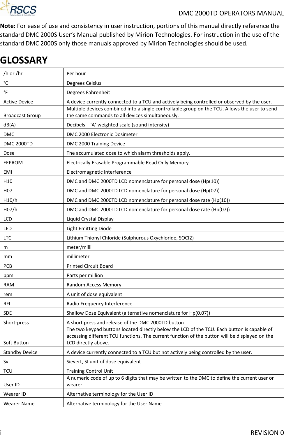     DMC 2000TD OPERATORS MANUAL Note: For ease of use and consistency in user instruction, portions of this manual directly reference the standard DMC 2000S User’s Manual published by Mirion Technologies. For instruction in the use of the standard DMC 2000S only those manuals approved by Mirion Technologies should be used. GLOSSARY /h or /hr Per hour °C Degrees Celsius °F Degrees Fahrenheit  Active Device A device currently connected to a TCU and actively being controlled or observed by the user. Broadcast Group Multiple devices combined into a single controllable group on the TCU. Allows the user to send the same commands to all devices simultaneously. dB(A) Decibels – ‘A’ weighted scale (sound intensity) DMC DMC 2000 Electronic Dosimeter DMC 2000TD DMC 2000 Training Device Dose The accumulated dose to which alarm thresholds apply. EEPROM Electrically Erasable Programmable Read Only Memory EMI Electromagnetic Interference H10  DMC and DMC 2000TD LCD nomenclature for personal dose (Hp(10)) H07  DMC and DMC 2000TD LCD nomenclature for personal dose (Hp(07)) H10/h DMC and DMC 2000TD LCD nomenclature for personal dose rate (Hp(10)) H07/h DMC and DMC 2000TD LCD nomenclature for personal dose rate (Hp(07)) LCD Liquid Crystal Display LED Light Emitting Diode LTC Lithium Thionyl Chloride (Sulphurous Oxychloride, SOCI2) m  meter/milli mm millimeter  PCB Printed Circuit Board ppm Parts per million RAM Random Access Memory rem A unit of dose equivalent RFI Radio Frequency Interference SDE Shallow Dose Equivalent (alternative nomenclature for Hp(0.07)) Short-press A short press and release of the DMC 2000TD button Soft Button The two keypad buttons located directly below the LCD of the TCU. Each button is capable of accessing different TCU functions. The current function of the button will be displayed on the LCD directly above. Standby Device A device currently connected to a TCU but not actively being controlled by the user. Sv Sievert, SI unit of dose equivalent TCU Training Control Unit User ID A numeric code of up to 6 digits that may be written to the DMC to define the current user or wearer Wearer ID Alternative terminology for the User ID Wearer Name Alternative terminology for the User Name i     REVISION 0 