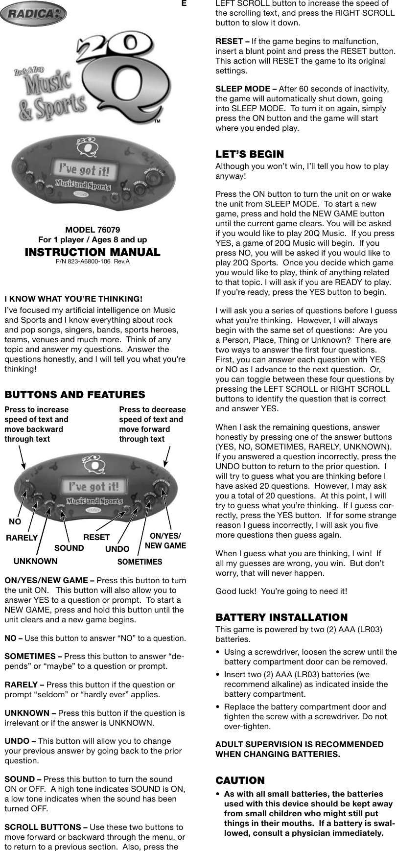 Page 1 of 2 - Radica-Games Radica-Games-20Q-76079-Users-Manual-  Radica-games-20q-76079-users-manual
