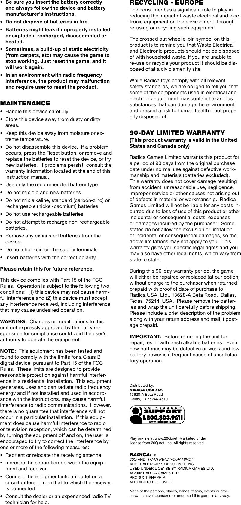 Page 2 of 2 - Radica-Games Radica-Games-20Q-76079-Users-Manual-  Radica-games-20q-76079-users-manual