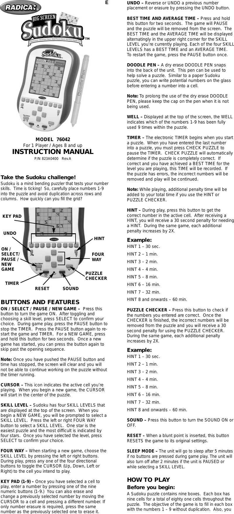 Page 1 of 2 - Radica-Games Radica-Games-Big-Screen-Sudoku-76042-Users-Manual- 73025 Manual.pxd  Radica-games-big-screen-sudoku-76042-users-manual