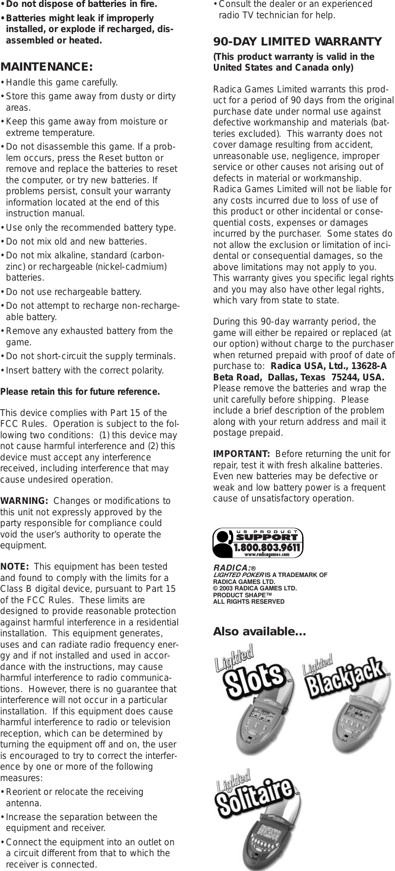 Page 2 of 2 - Radica-Games Radica-Games-Lighted-Poker-74004-Users-Manual- 74004 Manual  Radica-games-lighted-poker-74004-users-manual
