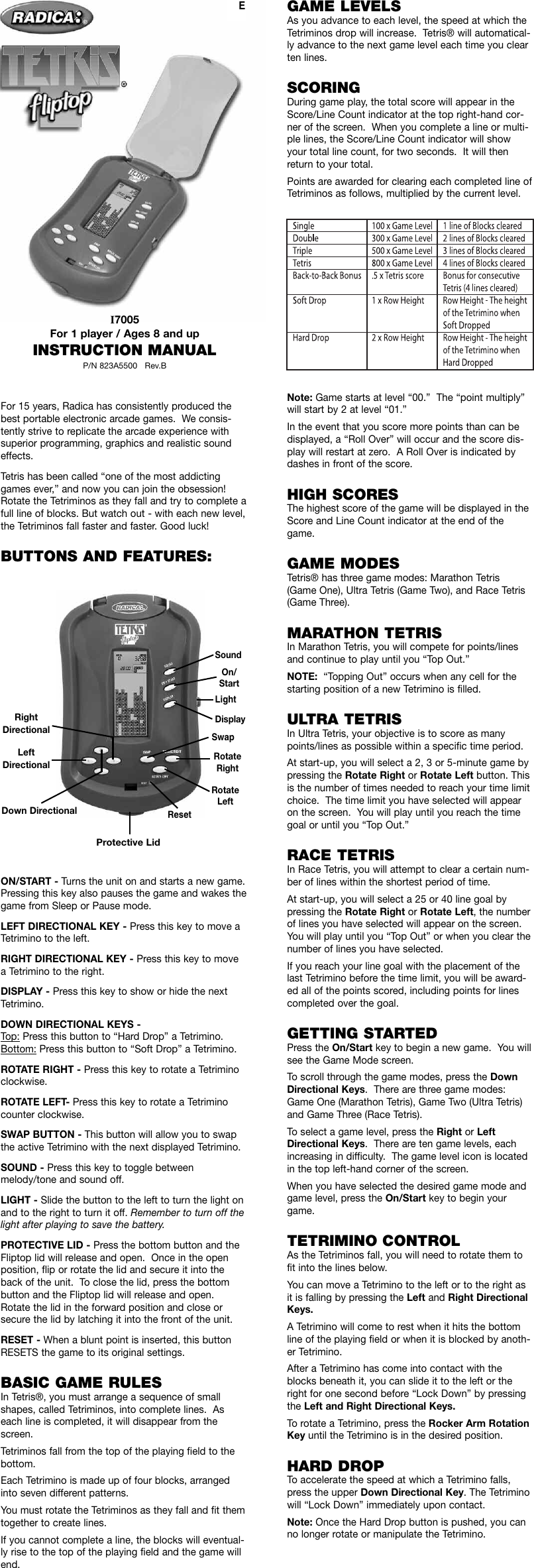 Page 1 of 2 - Radica-Games Radica-Games-Tetris-Fliptop-I7005-Users-Manual-  Radica-games-tetris-fliptop-i7005-users-manual