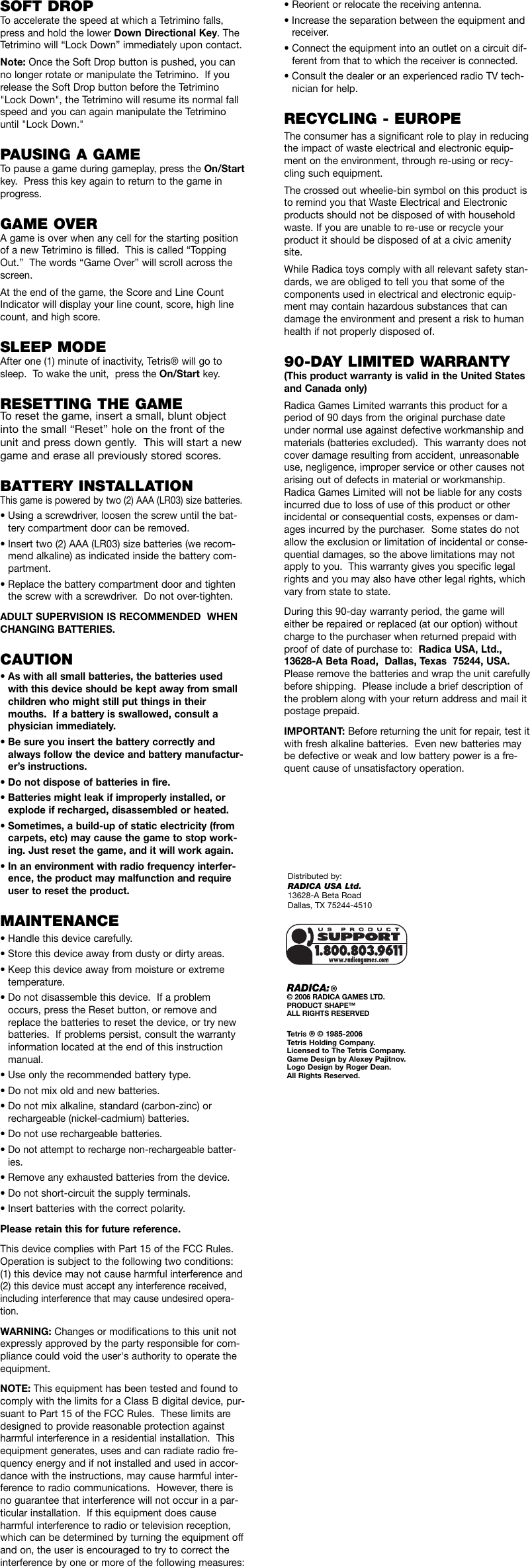 Page 2 of 2 - Radica-Games Radica-Games-Tetris-Fliptop-I7005-Users-Manual-  Radica-games-tetris-fliptop-i7005-users-manual