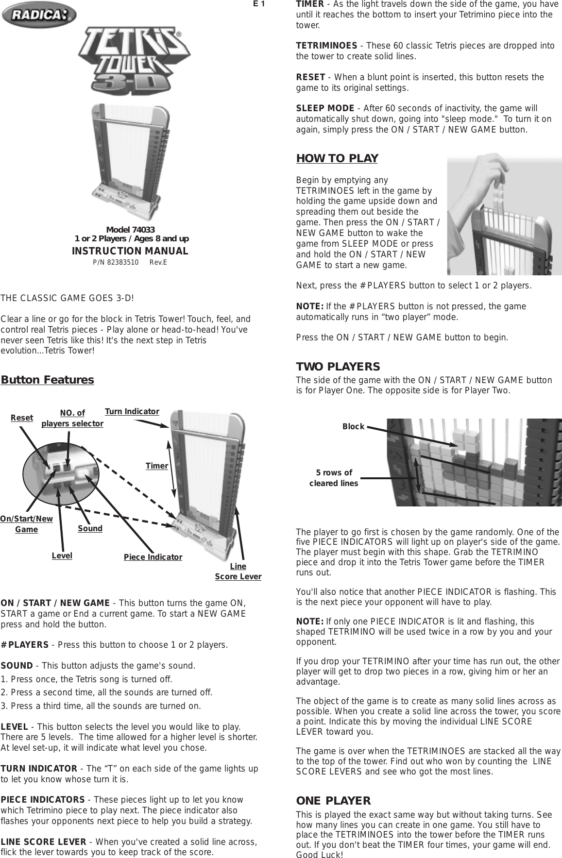 Radica Games Tetris Tower 3D 74033 Users Manual