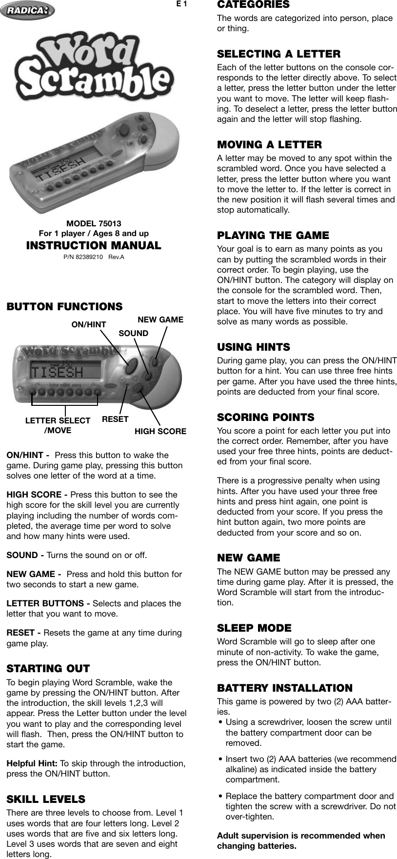 Page 1 of 2 - Radica-Games Radica-Games-Word-Scramble-75013-Users-Manual-  Radica-games-word-scramble-75013-users-manual