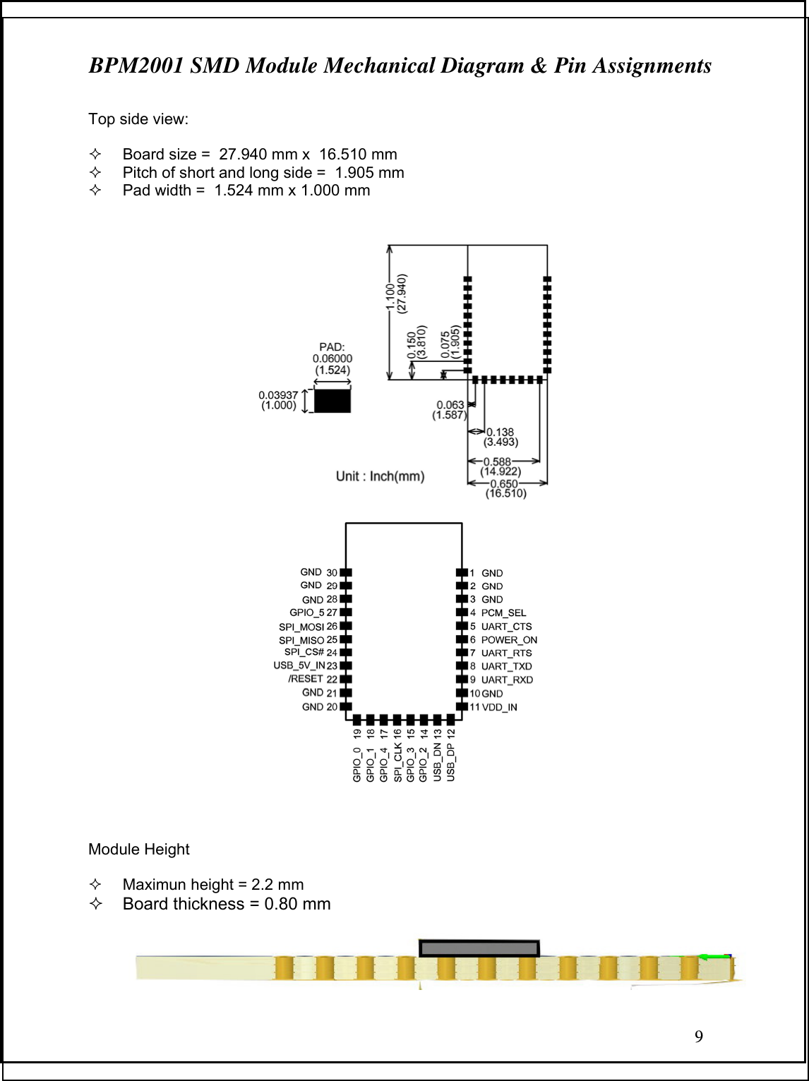9 BPM2001 SMD Module Mechanical Diagram &amp; Pin Assignments  Top side view:   Board size =  27.940 mm x  16.510 mm   Pitch of short and long side =  1.905 mm   Pad width =  1.524 mm x 1.000 mm      Module Height   Maximun height = 2.2 mm   Board thickness = 0.80 mm  