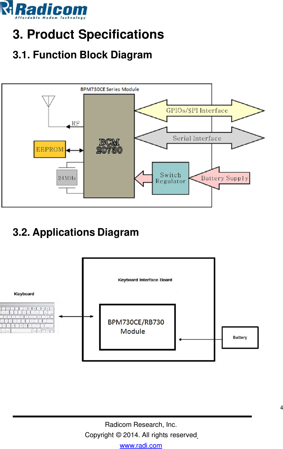 3. Product Specifications 3.1. Function Block Diagram 3.2. Applications Diagram4Radicom Research, Inc. Copyright © 2014. All rights reserved www.radi.com         