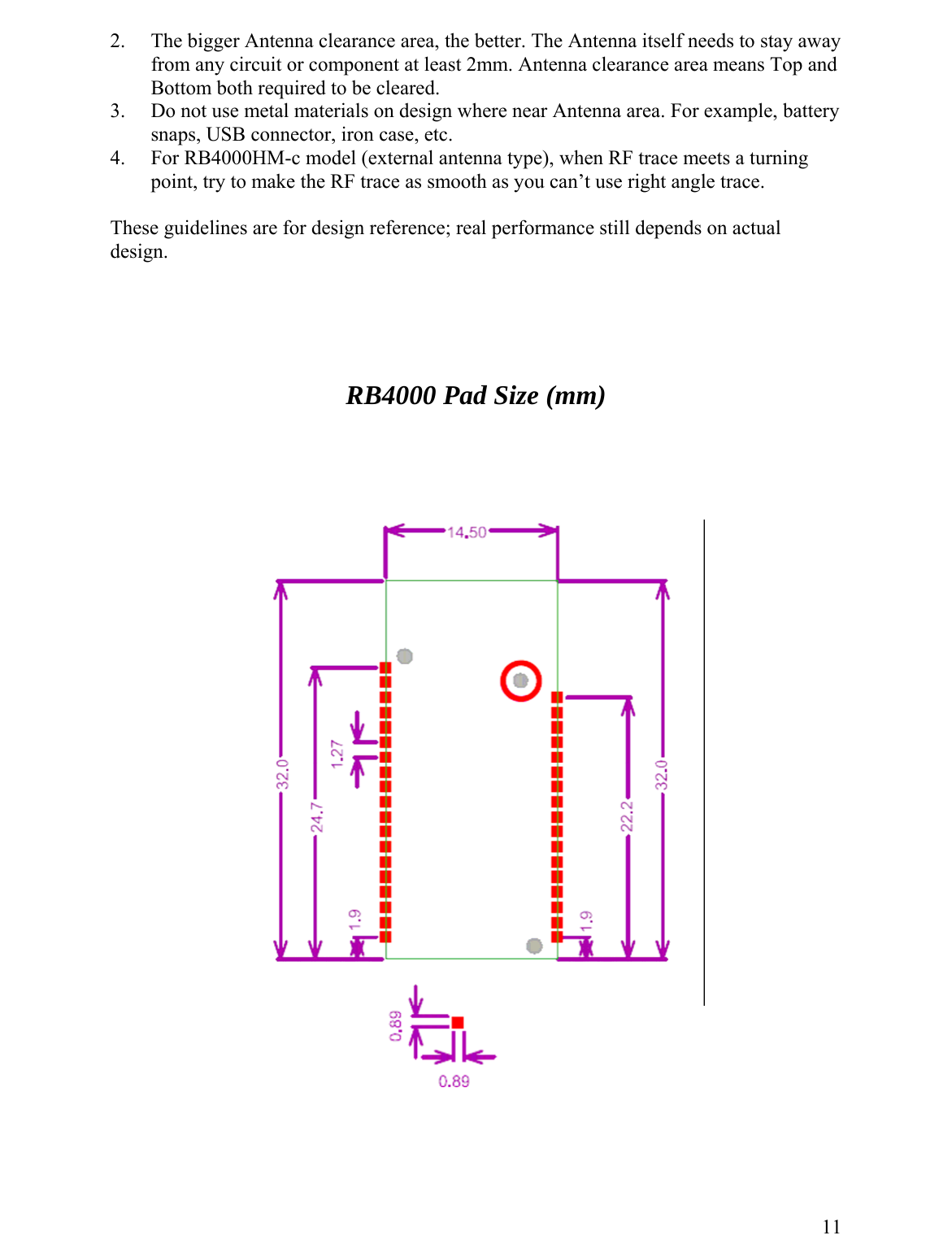 2.  The bigger Antenna clearance area, the better. The Antenna itself needs to stay away from any circuit or component at least 2mm. Antenna clearance area means Top and Bottom both required to be cleared. 3.  Do not use metal materials on design where near Antenna area. For example, battery snaps, USB connector, iron case, etc. 4.  For RB4000HM-c model (external antenna type), when RF trace meets a turning point, try to make the RF trace as smooth as you can’t use right angle trace.  These guidelines are for design reference; real performance still depends on actual design.     RB4000 Pad Size (mm)            11 