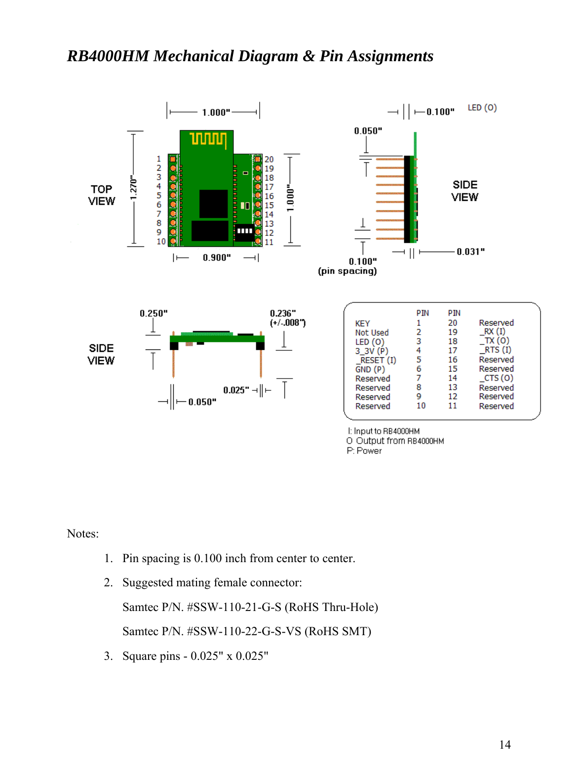   RB4000HM Mechanical Diagram &amp; Pin Assignments      Notes: 1.  Pin spacing is 0.100 inch from center to center.  2.  Suggested mating female connector: Samtec P/N. #SSW-110-21-G-S (RoHS Thru-Hole) Samtec P/N. #SSW-110-22-G-S-VS (RoHS SMT) 3.   Square pins - 0.025&quot; x 0.025&quot;     14 