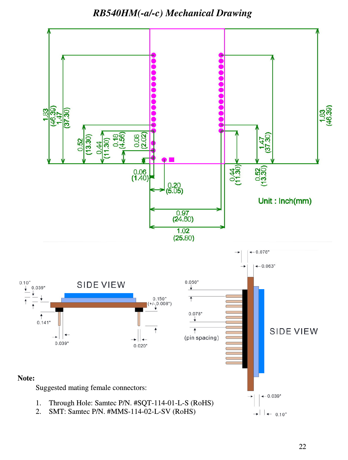 22  RB540HM(-a/-c) Mechanical Drawing Note: Suggested mating female connectors:  1.  Through Hole: Samtec P/N. #SQT-114-01-L-S (RoHS) 2.  SMT: Samtec P/N. #MMS-114-02-L-SV (RoHS)  