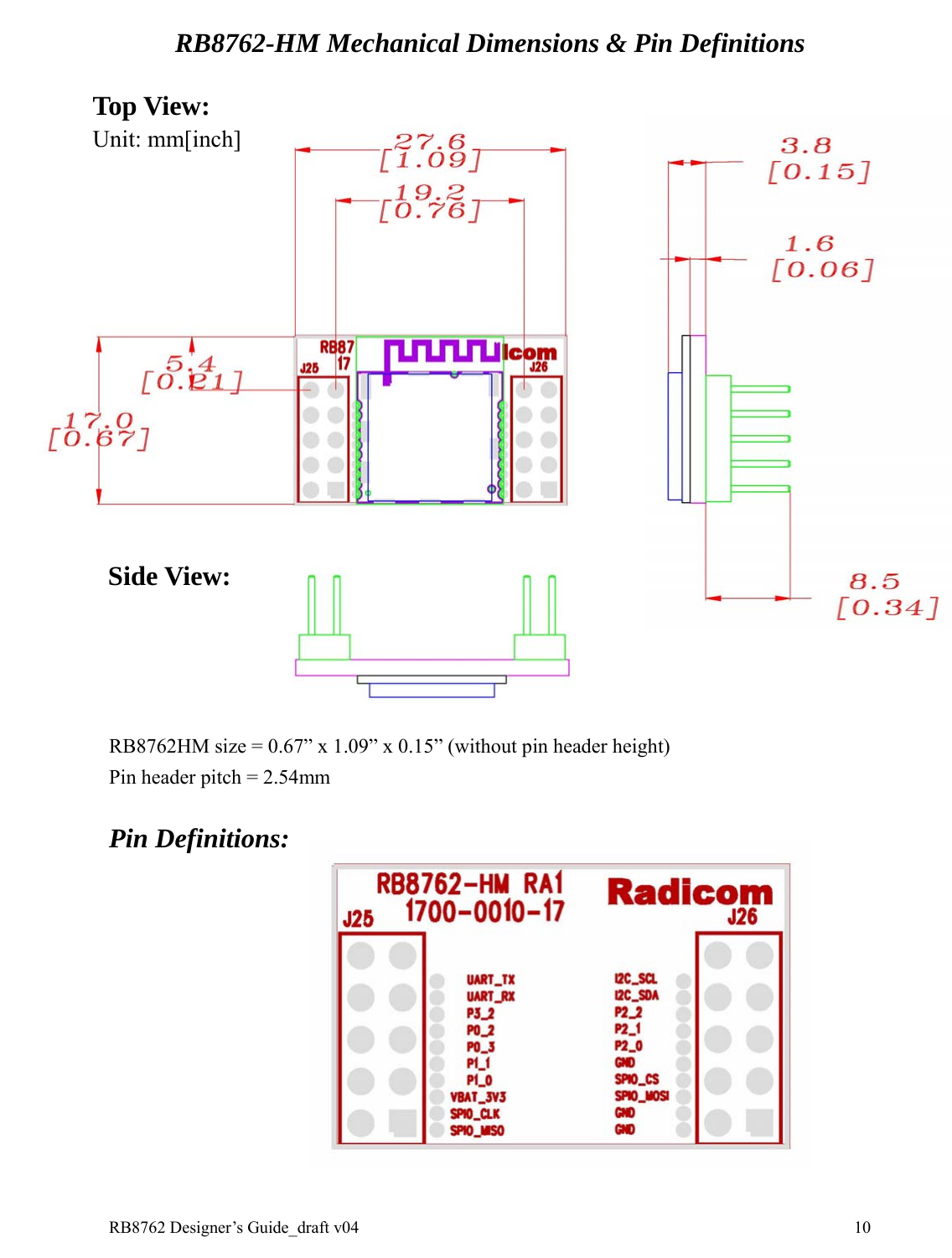 RB8762 Designer’s Guide_draft v04    10RB8762-HM Mechanical Dimensions &amp; Pin Definitions                        RB8762HM size = 0.67” x 1.09” x 0.15” (without pin header height) Pin header pitch = 2.54mm    Pin Definitions:            Top View: Side View: Unit: mm[inch] 