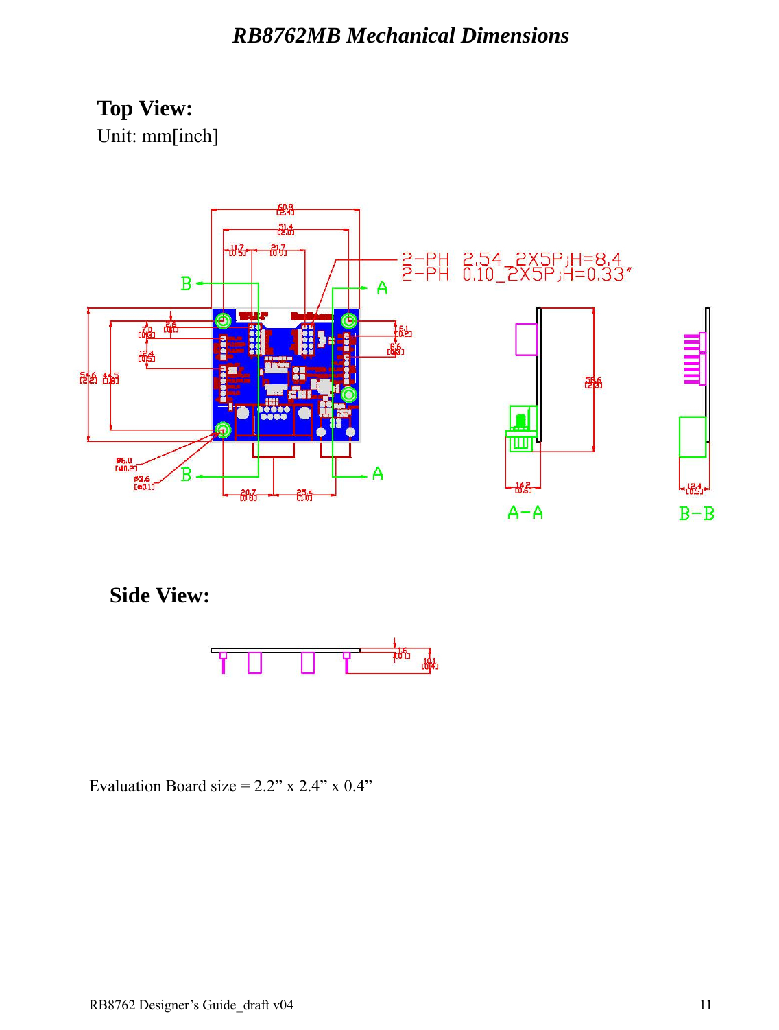 RB8762 Designer’s Guide_draft v04    11RB8762MB Mechanical Dimensions                Evaluation Board size = 2.2” x 2.4” x 0.4” Top View: Side View: Unit: mm[inch] 