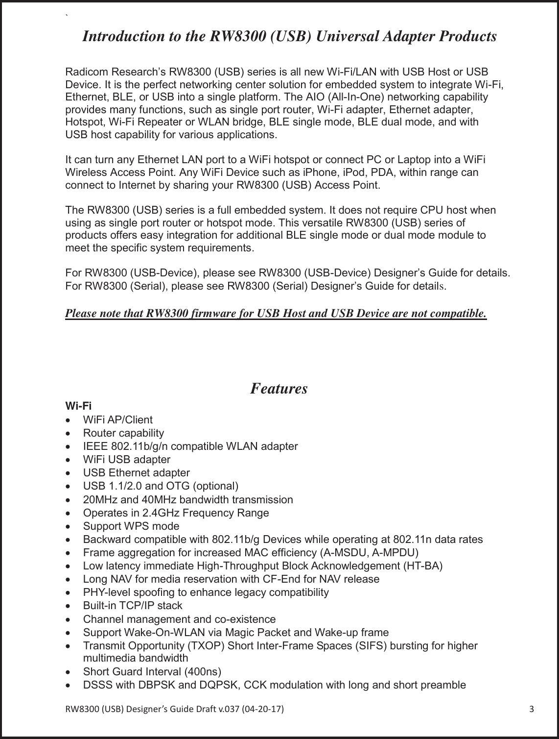 Page 3 of Radicom Research RW8300 2.4G wifi +BT4.0(BLE) Module User Manual Ethan Frome