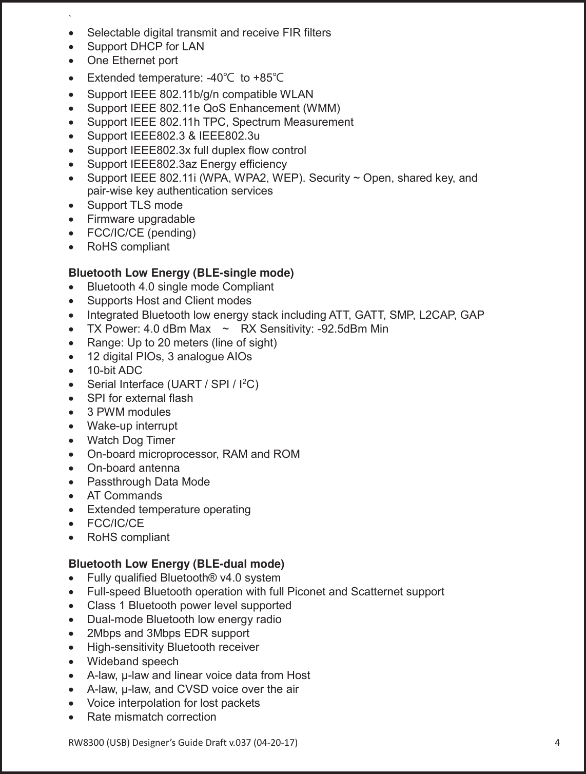 Page 4 of Radicom Research RW8300 2.4G wifi +BT4.0(BLE) Module User Manual Ethan Frome