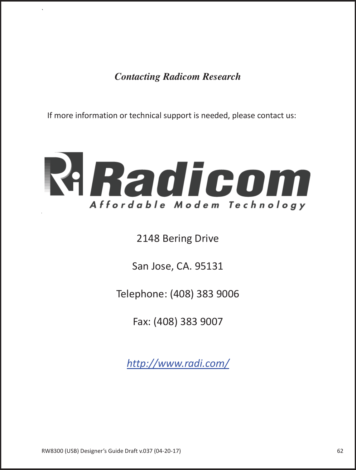 Page 62 of Radicom Research RW8300 2.4G wifi +BT4.0(BLE) Module User Manual Ethan Frome