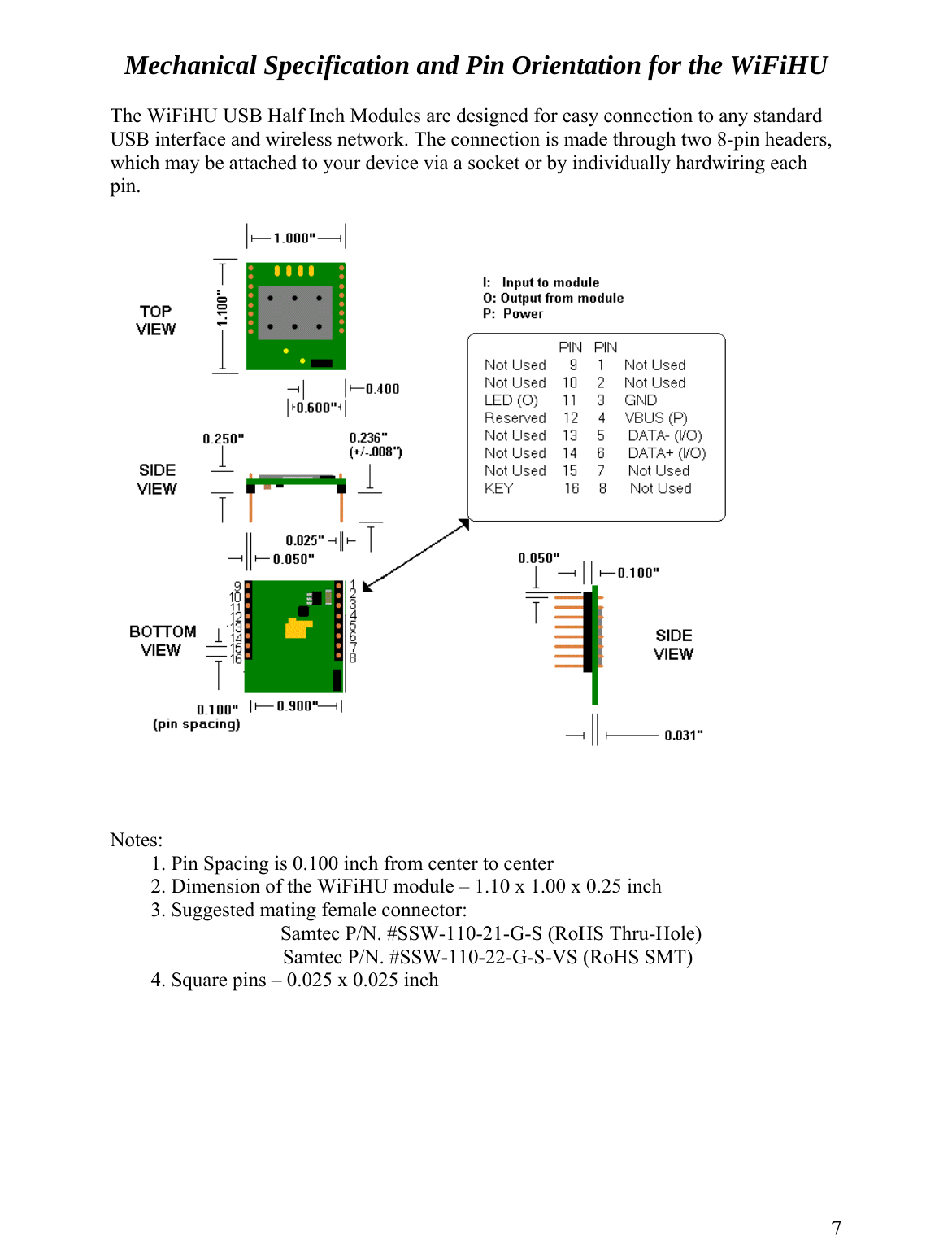 Mechanical Specification and Pin Orientation for the WiFiHU  The WiFiHU USB Half Inch Modules are designed for easy connection to any standard USB interface and wireless network. The connection is made through two 8-pin headers, which may be attached to your device via a socket or by individually hardwiring each pin.     Notes:         1. Pin Spacing is 0.100 inch from center to center   2. Dimension of the WiFiHU module – 1.10 x 1.00 x 0.25 inch   3. Suggested mating female connector: Samtec P/N. #SSW-110-21-G-S (RoHS Thru-Hole)           Samtec P/N. #SSW-110-22-G-S-VS (RoHS SMT)         4. Square pins – 0.025 x 0.025 inch         7 