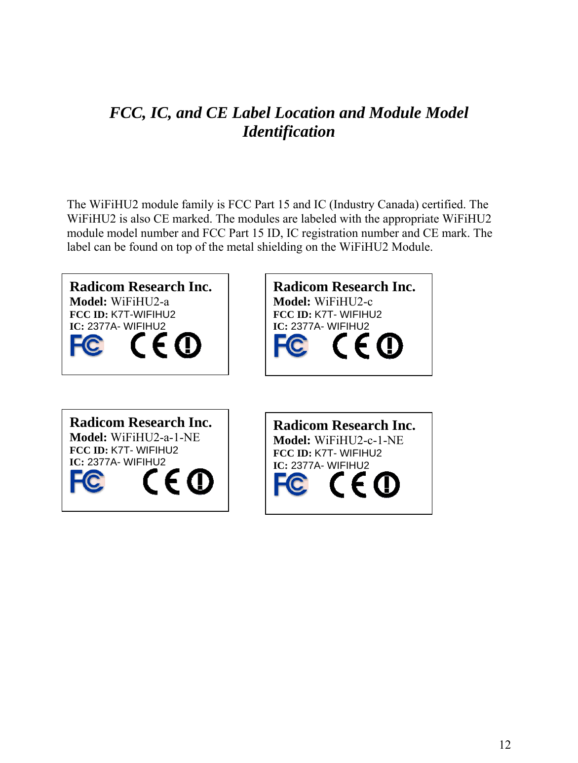    FCC, IC, and CE Label Location and Module Model ion  WiFiHU2 miHU he modules are labeled with the appropriate WiFiHU2 ber and FCC Part 15 ID, IC registration number and CE mark. The l ca n top of the metal shielding on the WiFiHU2 Module.                 Identificat  The  odule family is FCC Part 15 and IC (Industry Canada) certified. The WiF 2 is also CE marked. Tmodule model numlabe n be found o  Ra odic m Research Inc. FCC ID: 2377A- WIFIHU2 Radicom Research Inc.  IC: 2377A- WIFIHU2 Model: WiFiHU2-a  K7T-WIFIHU2 Model: WiFiHU2-c FCC ID: K7T- WIFIHU2IC: RMadicom Research Inc. odel: WiFiHU2-a-1-NE FCC ID: K7T- WIFIHU2 IC: 2377A- WIFIHU2      Radicom Research Inc. Model: WiFiHU2-c-1-NE FCC ID: K7T- WIFIHU2 IC: 2377A- WIFIHU2                                12 