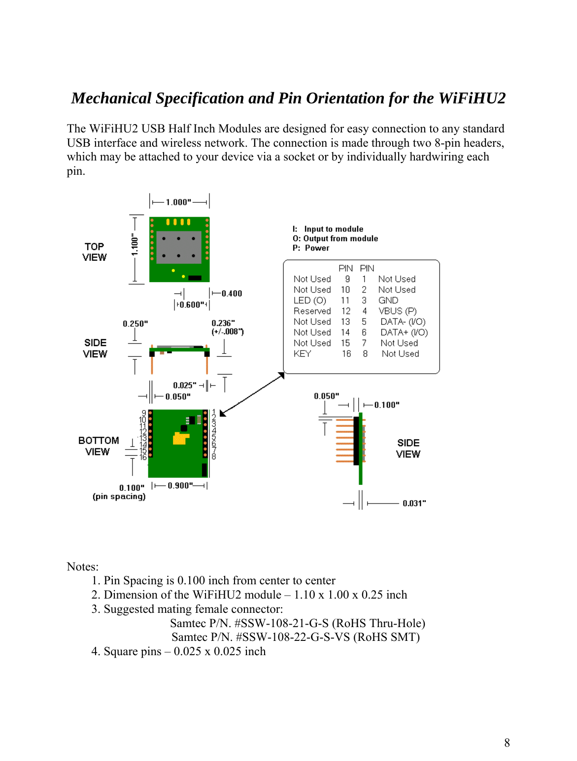      Mechanical Specification and Pin Orientation for the WiFiHU2  The WiFiHU2 USB Half Inch Modules are designed for easy connection to any standard SB interface and wireless network. The connection is made through two 8-pin headers, Uhich may be attached to your device via a socket or by individually hardwiring each wpin.     Notes:         1. Pin Spacing is 0.100 inch from center to center   2. Dimension of the WiFiHU2 module – 1.10 x 1.00 x 0.25 inch Suggested mating female connector: oHS Thru-Hole) )          3. Samtec P/N. #SSW-108-21-G-S (R          Samtec P/N. #SSW-108-22-G-S-VS (RoHS SMT   4. Square pins – 0.025 x 0.025 inch   8 