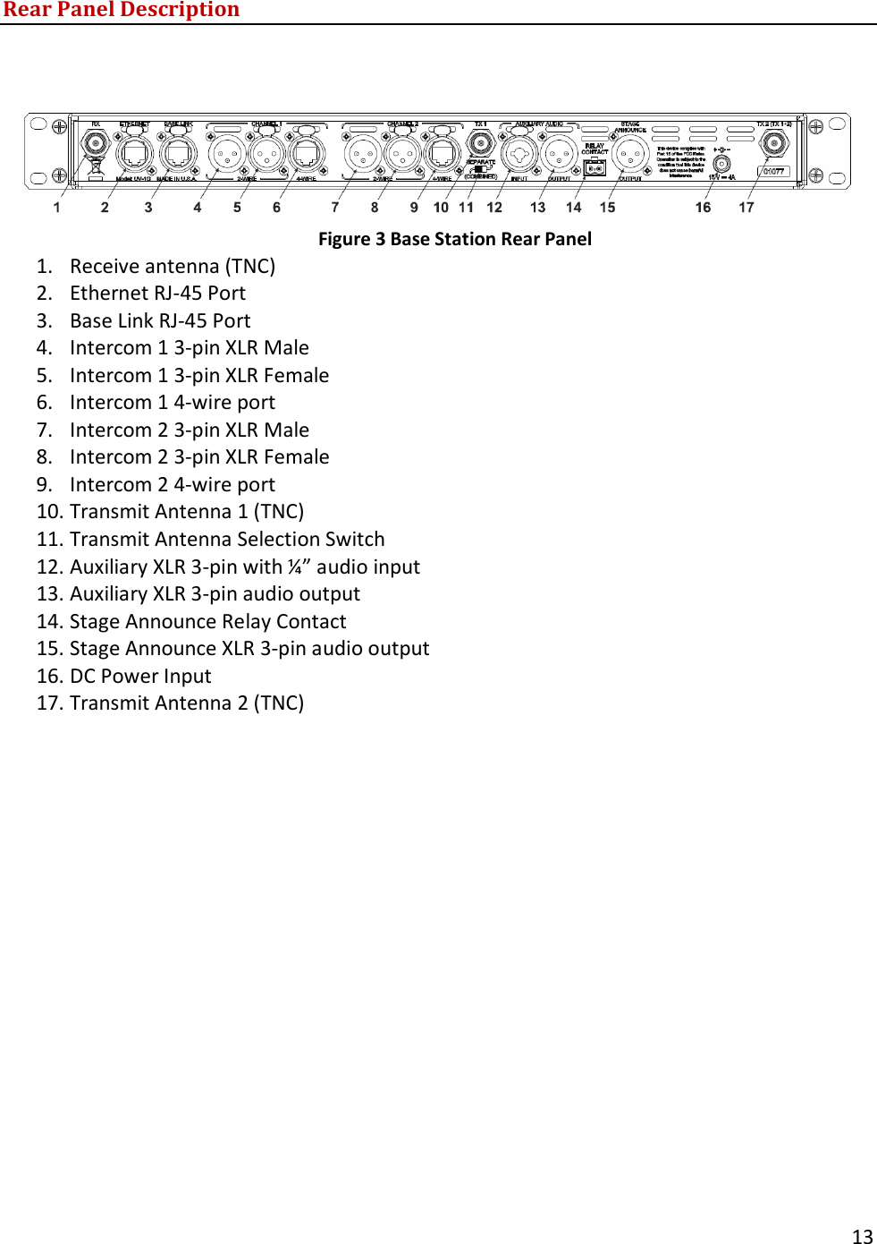      13  Rear Panel Description    Figure 3 Base Station Rear Panel 1. Receive antenna (TNC) 2. Ethernet RJ-45 Port 3. Base Link RJ-45 Port 4. Intercom 1 3-pin XLR Male 5. Intercom 1 3-pin XLR Female 6. Intercom 1 4-wire port 7. Intercom 2 3-pin XLR Male 8. Intercom 2 3-pin XLR Female 9. Intercom 2 4-wire port 10. Transmit Antenna 1 (TNC) 11. Transmit Antenna Selection Switch 12. Auxiliary XLR 3-pin with &frac14;&rdquo; audio input 13. Auxiliary XLR 3-pin audio output 14. Stage Announce Relay Contact 15. Stage Announce XLR 3-pin audio output 16. DC Power Input 17. Transmit Antenna 2 (TNC) 