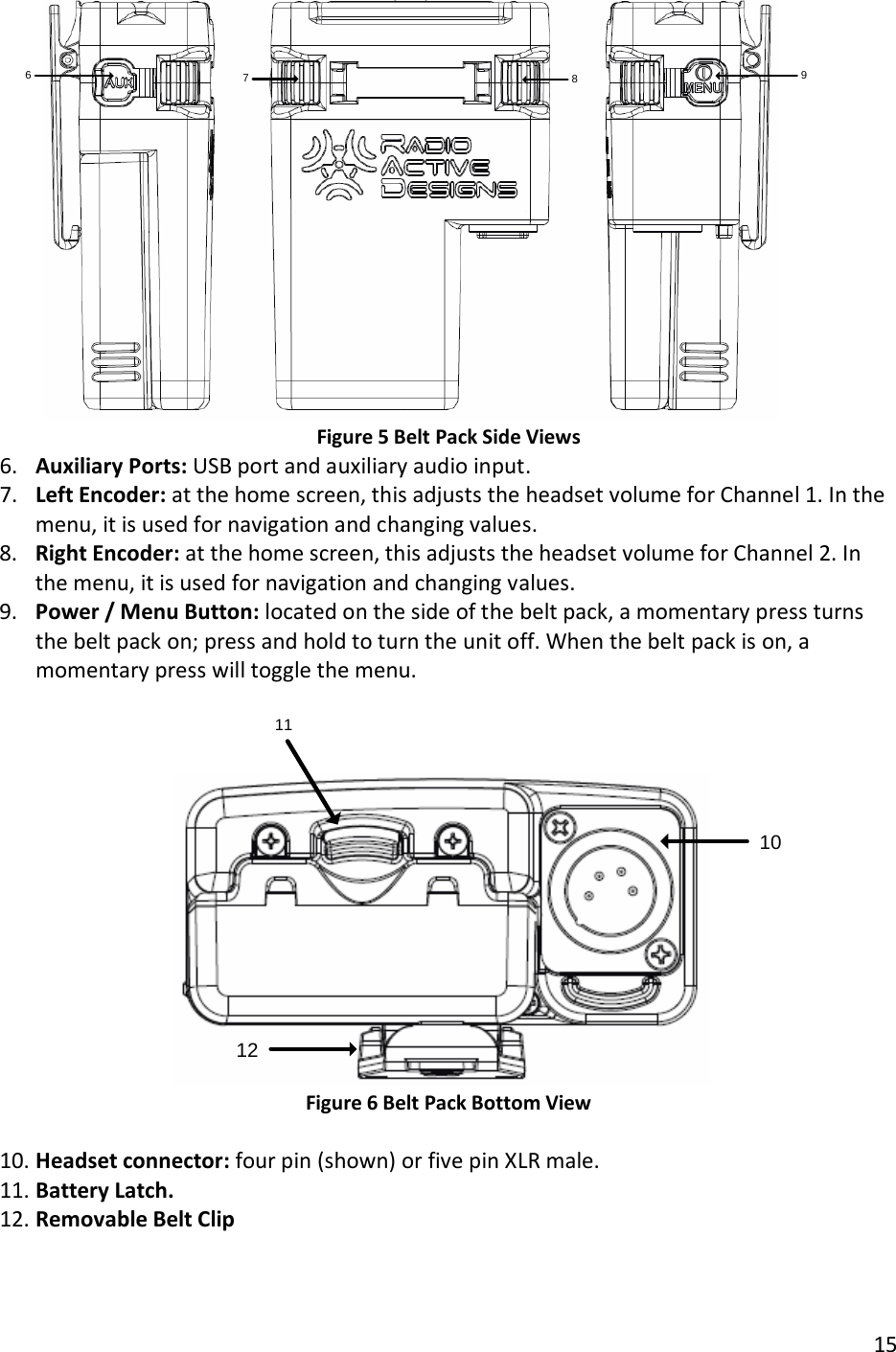       15  9786 Figure 5 Belt Pack Side Views  6. Auxiliary Ports: USB port and auxiliary audio input. 7. Left Encoder: at the home screen, this adjusts the headset volume for Channel 1. In the menu, it is used for navigation and changing values. 8. Right Encoder: at the home screen, this adjusts the headset volume for Channel 2. In the menu, it is used for navigation and changing values. 9. Power / Menu Button: located on the side of the belt pack, a momentary press turns the belt pack on; press and hold to turn the unit off. When the belt pack is on, a momentary press will toggle the menu.  101112 Figure 6 Belt Pack Bottom View  10. Headset connector: four pin (shown) or five pin XLR male. 11. Battery Latch. 12. Removable Belt Clip   