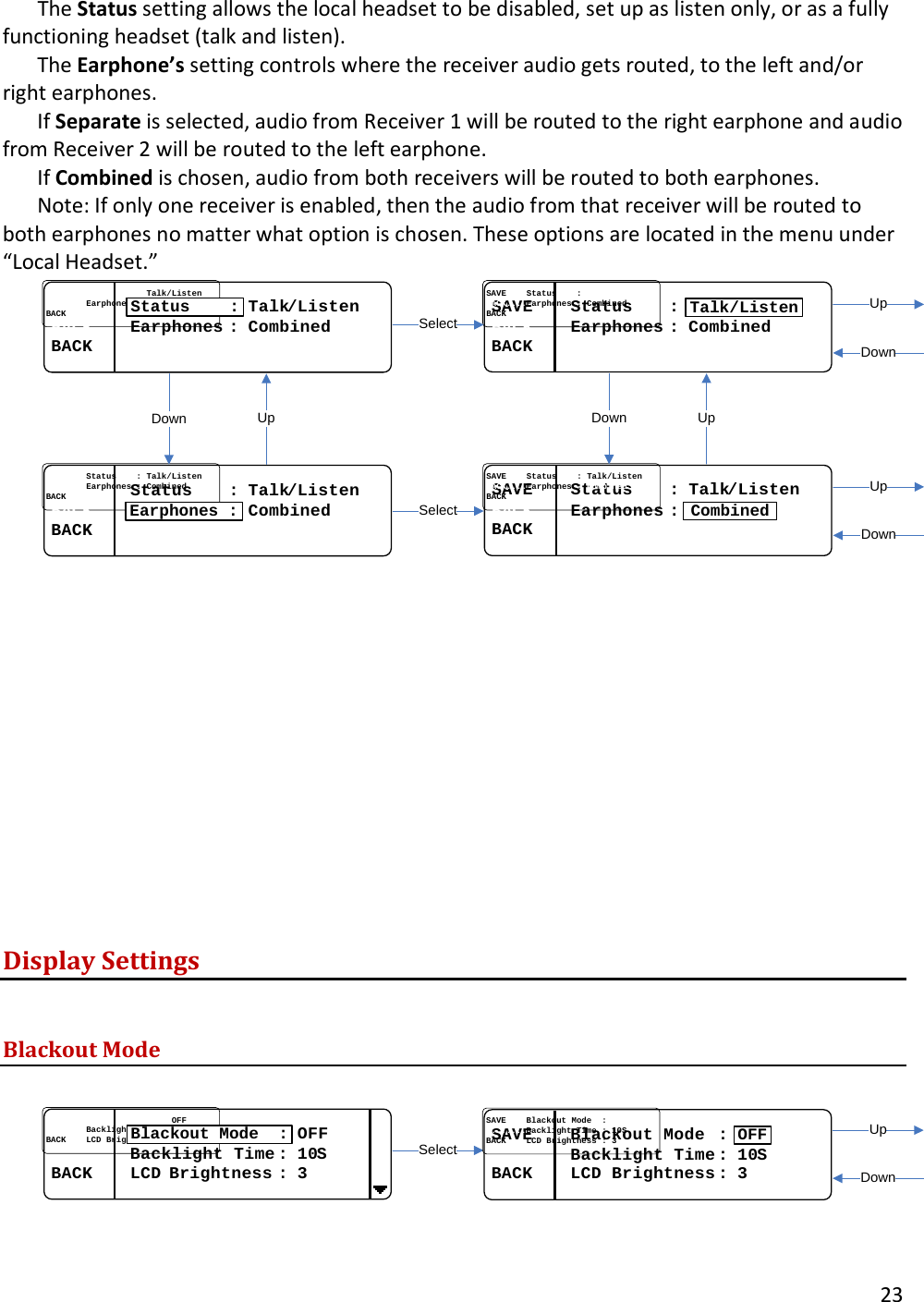       23  The Status setting allows the local headset to be disabled, set up as listen only, or as a fully functioning headset (talk and listen).  The Earphone&rsquo;s setting controls where the receiver audio gets routed, to the left and/or right earphones.  If Separate is selected, audio from Receiver 1 will be routed to the right earphone and audio from Receiver 2 will be routed to the left earphone.  If Combined is chosen, audio from both receivers will be routed to both earphones.  Note: If only one receiver is enabled, then the audio from that receiver will be routed to both earphones no matter what option is chosen. These options are located in the menu under &ldquo;Local Headset.&rdquo; ........................................TalkTalk//ListenListenBACKBACK........Earphones Earphones : : CombinedCombinedBACKBACK........Status    :SAVESAVE........Status    Status    ::..TalkTalk//ListenListenBACKBACK........Earphones Earphones : : CombinedCombinedBACKBACK........Talk/Listen................Status    Status    : : TalkTalk//ListenListenBACKBACK........Earphones Earphones : : CombinedCombinedBACKBACK........Earphones :SAVESAVE........Status    Status    ::..TalkTalk//ListenListenBACKBACK........Earphones Earphones : : CombinedCombinedBACKBACK........CombinedSelectUpDownUpDownSelectUpDownUpDown           Display Settings  Blackout Mode  SelectUpDown..................................................OFFOFF................Backlight Time Backlight Time : : 1010SSBACKBACK........LCDLCD..BrightnessBrightness..: : 33Blackout Mode  :SAVESAVE........Blackout Mode  Blackout Mode  ::................Backlight Time Backlight Time : : 1010SSBACKBACK........LCD Brightness LCD Brightness : : 33OFF  