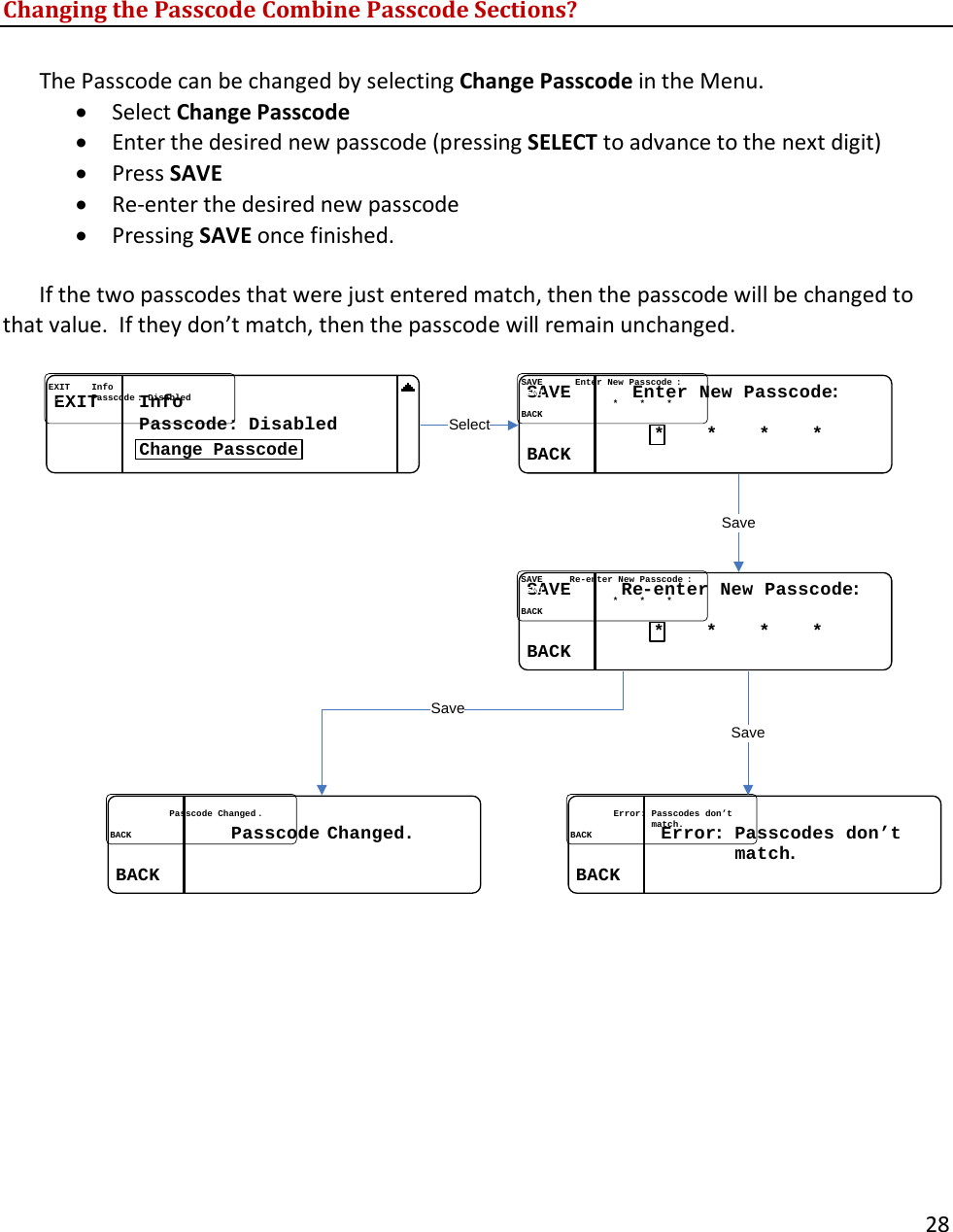      28      Changing the Passcode Combine Passcode Sections?  The Passcode can be changed by selecting Change Passcode in the Menu.  &bull; Select Change Passcode  &bull; Enter the desired new passcode (pressing SELECT to advance to the next digit) &bull; Press SAVE &bull; Re-enter the desired new passcode &bull; Pressing SAVE once finished.    If the two passcodes that were just entered match, then the passcode will be changed to that value.  If they don&rsquo;t match, then the passcode will remain unchanged.  EXITEXIT........InfoInfo................PasscodePasscode : : DisabledDisabled................Change PasscodeSAVESAVE............Enter New PasscodeEnter New Passcode ::MENUMENU........MENUMENU................00........**........**........**BACKBACK........*SAVESAVE..........ReRe--enter New Passcodeenter New Passcode ::MENUMENU........MENUMENU................00........**........**........**BACKBACK........*BACKBACK........MENUMENU........ErrorError: : Passcodes don&rsquo;tPasscodes don&rsquo;tMENUMENU....       ....       matchmatch..BACKBACK........EXITEXIT........MENUMENU..............PasscodePasscode..ChangedChanged ..MENUMENU.... .... BACKBACK........SelectSaveSaveSave   