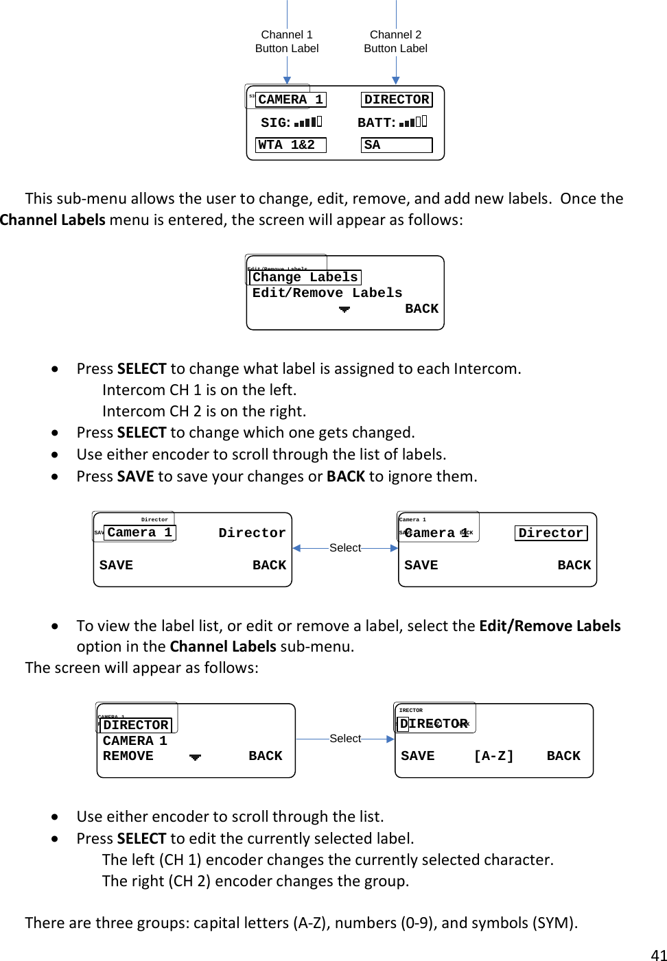       41   SIG SIG:        :        BATTBATT::CAMERA 1 DIRECTORWTA 1&amp;2 SAChannel 1Button Label Channel 2Button Label  This sub-menu allows the user to change, edit, remove, and add new labels.  Once the Channel Labels menu is entered, the screen will appear as follows:  EditEdit//Remove LabelsRemove Labels                  BACK                  BACKChange Labels  &bull; Press SELECT to change what label is assigned to each Intercom.  Intercom CH 1 is on the left. Intercom CH 2 is on the right.   &bull; Press SELECT to change which one gets changed.   &bull; Use either encoder to scroll through the list of labels.   &bull; Press SAVE to save your changes or BACK to ignore them.  Select              Director              DirectorSAVE              BACKSAVE              BACKCamera 1Camera Camera 11SAVE              BACKSAVE              BACKDirector  &bull; To view the label list, or edit or remove a label, select the Edit/Remove Labels option in the Channel Labels sub-menu.   The screen will appear as follows:  CAMERA CAMERA 11REMOVEREMOVE........................BACKBACKDIRECTOR Select..IRECTORIRECTORSAVESAVE..........[[AA--ZZ]]........BACKBACKD  &bull; Use either encoder to scroll through the list.   &bull; Press SELECT to edit the currently selected label.   The left (CH 1) encoder changes the currently selected character.  The right (CH 2) encoder changes the group.    There are three groups: capital letters (A-Z), numbers (0-9), and symbols (SYM).   