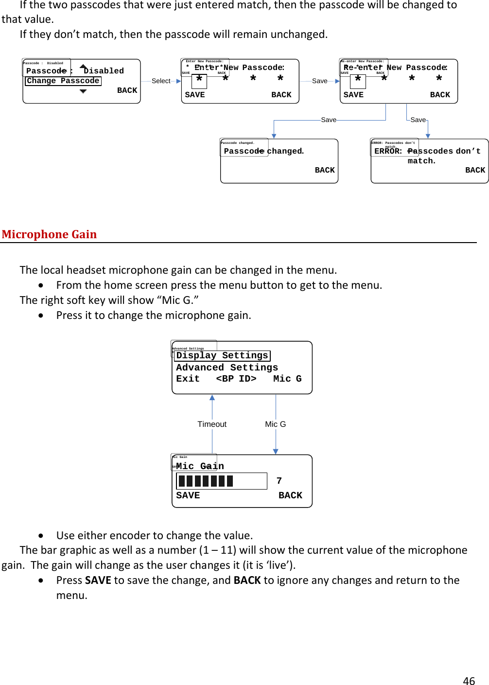       46  If the two passcodes that were just entered match, then the passcode will be changed to that value.   If they don&rsquo;t match, then the passcode will remain unchanged.  ....EnterEnter..NewNew..PasscodePasscode::..**....**....**....**SAVESAVE............................BACKBACK*ReRe--enterenter..NewNew..PasscodePasscode::..**....**....**....**SAVESAVE............................BACKBACK*ERRORERROR::..PasscodesPasscodes..don&rsquo;tdon&rsquo;t..............matchmatch..                  BACK                  BACKPasscodePasscode..changedchanged..                  BACK                  BACKSelectSave SaveSavePasscodePasscode..::....DisabledDisabled......................                  BACK                  BACKChange Passcode  Microphone Gain  The local headset microphone gain can be changed in the menu.   &bull; From the home screen press the menu button to get to the menu.   The right soft key will show &ldquo;Mic G.&rdquo;   &bull; Press it to change the microphone gain.  Mic GTimeoutMic GainMic GainSAVE             BACKSAVE             BACK7Advanced SettingsAdvanced SettingsExit   Exit   <<BPBP IDID>   >   MicMic GGDisplay Settings  &bull; Use either encoder to change the value.   The bar graphic as well as a number (1 &ndash; 11) will show the current value of the microphone gain.  The gain will change as the user changes it (it is &lsquo;live&rsquo;).   &bull; Press SAVE to save the change, and BACK to ignore any changes and return to the menu.      