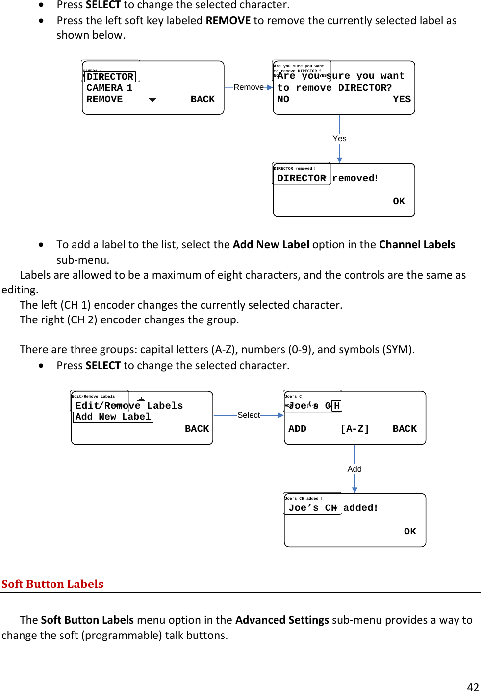       42  &bull; Press SELECT to change the selected character. &bull; Press the left soft key labeled REMOVE to remove the currently selected label as shown below.  Are you sure you wantAre you sure you wantto remove DIRECTORto remove DIRECTOR ??NO                 YESNO                 YESDIRECTOR removedDIRECTOR removed !!........................................OKOKCAMERA CAMERA 11REMOVEREMOVE........................BACKBACKDIRECTOR RemoveYes  &bull; To add a label to the list, select the Add New Label option in the Channel Labels sub-menu.   Labels are allowed to be a maximum of eight characters, and the controls are the same as editing.   The left (CH 1) encoder changes the currently selected character.  The right (CH 2) encoder changes the group.    There are three groups: capital letters (A-Z), numbers (0-9), and symbols (SYM).   &bull; Press SELECT to change the selected character.  SelectEditEdit//Remove LabelsRemove Labels                  BACK                  BACKAdd New LabelJoe&rsquo;s CH addedJoe&rsquo;s CH added !!........................................OKOKJoe&rsquo;s CJoe&rsquo;s CADDADD............[[AA--ZZ]]........BACKBACKHAdd  Soft Button Labels  The Soft Button Labels menu option in the Advanced Settings sub-menu provides a way to change the soft (programmable) talk buttons.  