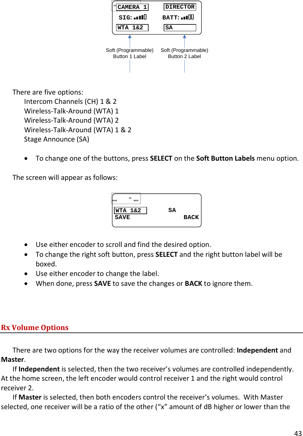       43   SIG SIG:        :        BATTBATT::CAMERA 1 DIRECTORWTA 1&amp;2 SASoft (Programmable)Button 1 Label Soft (Programmable)Button 2 Label  There are five options:  Intercom Channels (CH) 1 &amp; 2 Wireless-Talk-Around (WTA) 1 Wireless-Talk-Around (WTA) 2 Wireless-Talk-Around (WTA) 1 &amp; 2 Stage Announce (SA)  &bull; To change one of the buttons, press SELECT on the Soft Button Labels menu option.    The screen will appear as follows:                              SA              SASAVE              BACKSAVE              BACKWTA 1&amp;2  &bull; Use either encoder to scroll and find the desired option.   &bull; To change the right soft button, press SELECT and the right button label will be boxed.   &bull; Use either encoder to change the label.   &bull; When done, press SAVE to save the changes or BACK to ignore them.    Rx Volume Options  There are two options for the way the receiver volumes are controlled: Independent and Master.   If Independent is selected, then the two receiver&rsquo;s volumes are controlled independently.  At the home screen, the left encoder would control receiver 1 and the right would control receiver 2.   If Master is selected, then both encoders control the receiver&rsquo;s volumes.  With Master selected, one receiver will be a ratio of the other (&ldquo;x&rdquo; amount of dB higher or lower than the 