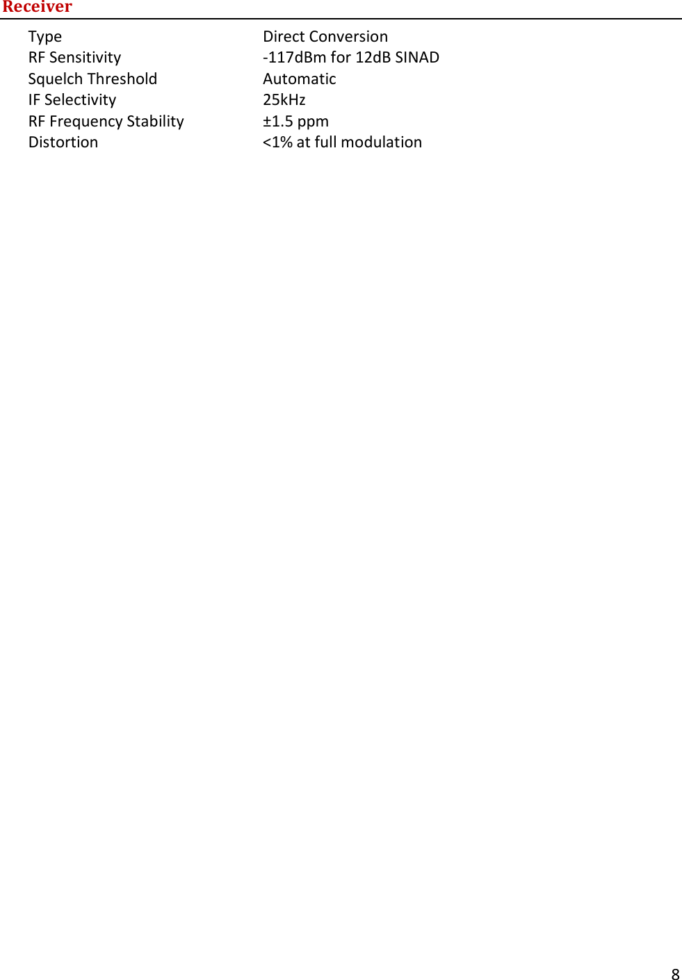       8  Receiver Type    Direct Conversion RF Sensitivity      -117dBm for 12dB SINAD  Squelch Threshold   Automatic IF Selectivity   25kHz RF Frequency Stability    &plusmn;1.5 ppm Distortion    <1% at full modulation 