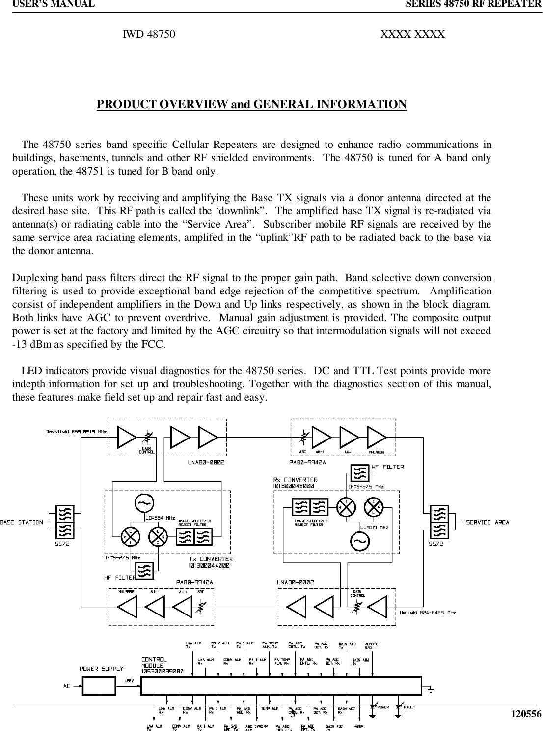 USER’S MANUAL SERIES 48750 RF REPEATER3 120556IWD 48750 XXXX XXXXPRODUCT OVERVIEW and GENERAL INFORMATION   The 48750 series band specific Cellular Repeaters are designed to enhance radio communications inbuildings, basements, tunnels and other RF shielded environments.  The 48750 is tuned for A band onlyoperation, the 48751 is tuned for B band only.   These units work by receiving and amplifying the Base TX signals via a donor antenna directed at thedesired base site.  This RF path is called the ‘downlink”.  The amplified base TX signal is re-radiated viaantenna(s) or radiating cable into the “Service Area”.  Subscriber mobile RF signals are received by thesame service area radiating elements, amplifed in the “uplink”RF path to be radiated back to the base viathe donor antenna.Duplexing band pass filters direct the RF signal to the proper gain path.  Band selective down conversionfiltering is used to provide exceptional band edge rejection of the competitive spectrum.  Amplificationconsist of independent amplifiers in the Down and Up links respectively, as shown in the block diagram.Both links have AGC to prevent overdrive.  Manual gain adjustment is provided. The composite outputpower is set at the factory and limited by the AGC circuitry so that intermodulation signals will not exceed-13 dBm as specified by the FCC.   LED indicators provide visual diagnostics for the 48750 series.  DC and TTL Test points provide moreindepth information for set up and troubleshooting. Together with the diagnostics section of this manual,these features make field set up and repair fast and easy.